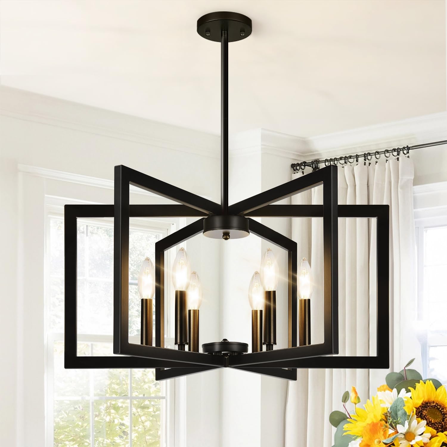 6-Light Modern Black Chandelier, Geometric Dining Room Light Fixture Industrial Pendant Lights Kitchen Island, Hanging Metal Far