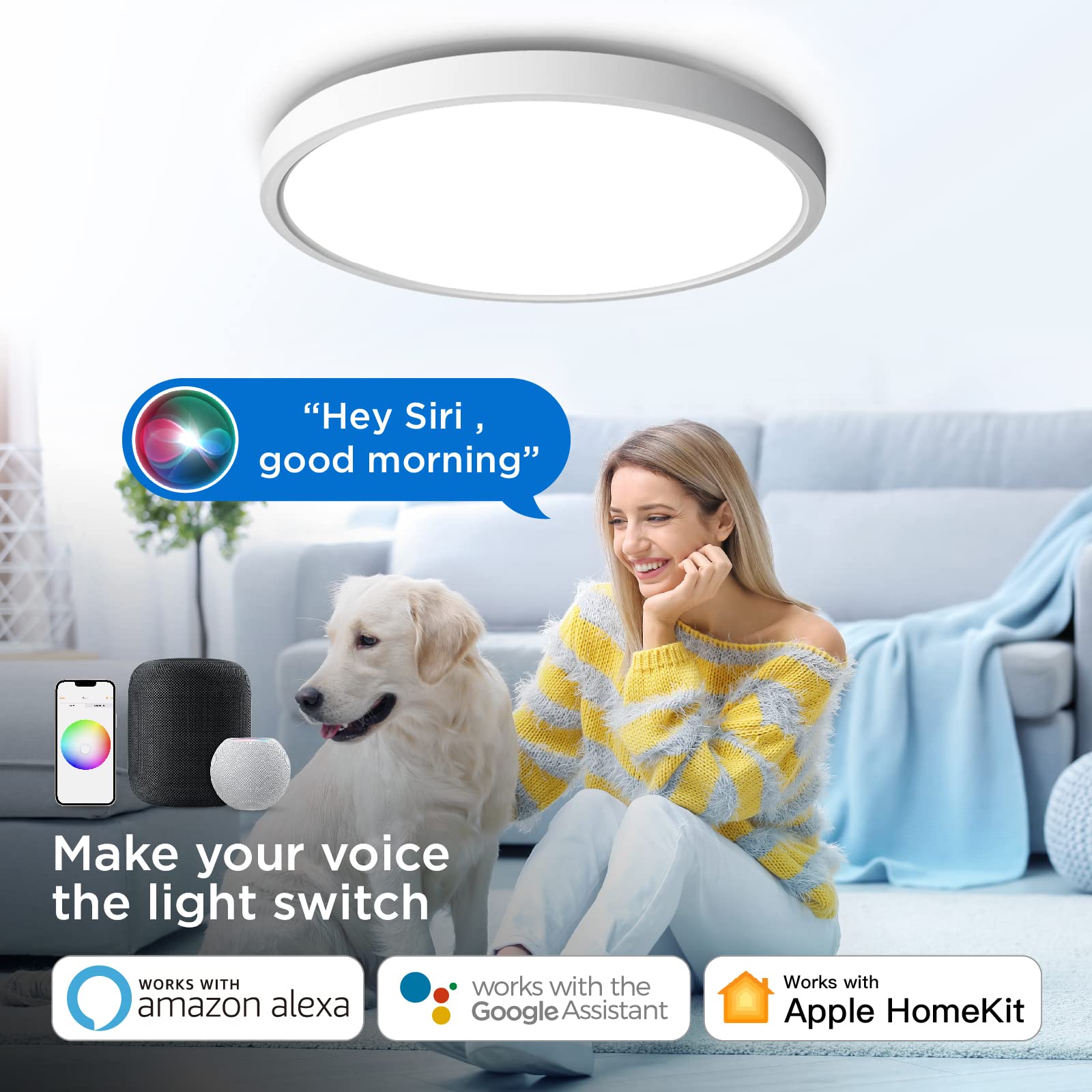Taloya Smart Led Flush Mount Ceiling Light, 12 Dimmable 3000-6500K, White, Rgb Color Changing, Homekit/Siri Compatible, Model G2 300