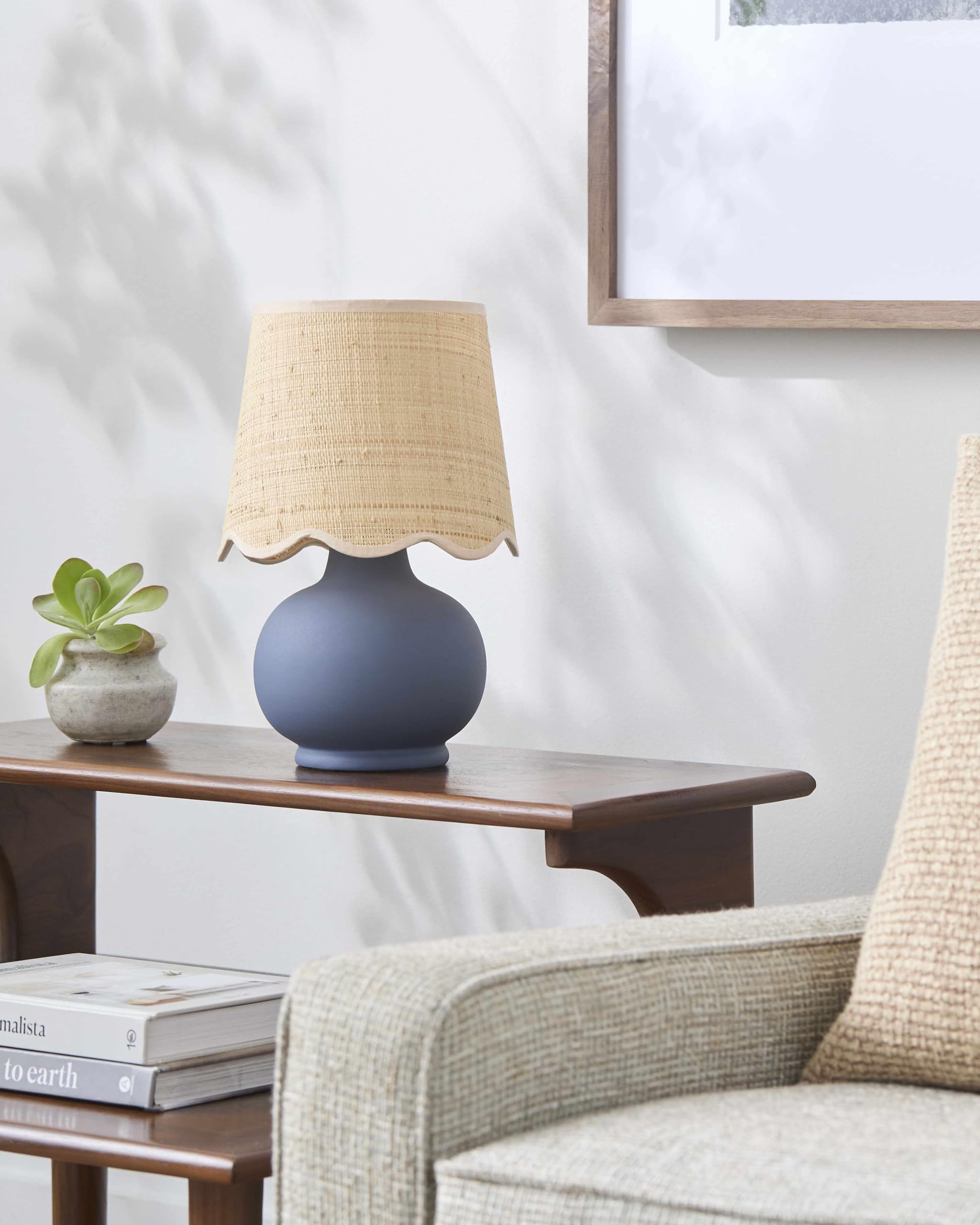 Boutiquerugs Theisseil Boho Ceramic Bedside Table Lamp For Bedroom Nightstand And Living Room - Shade Rattan - Blue, Beige - 13'