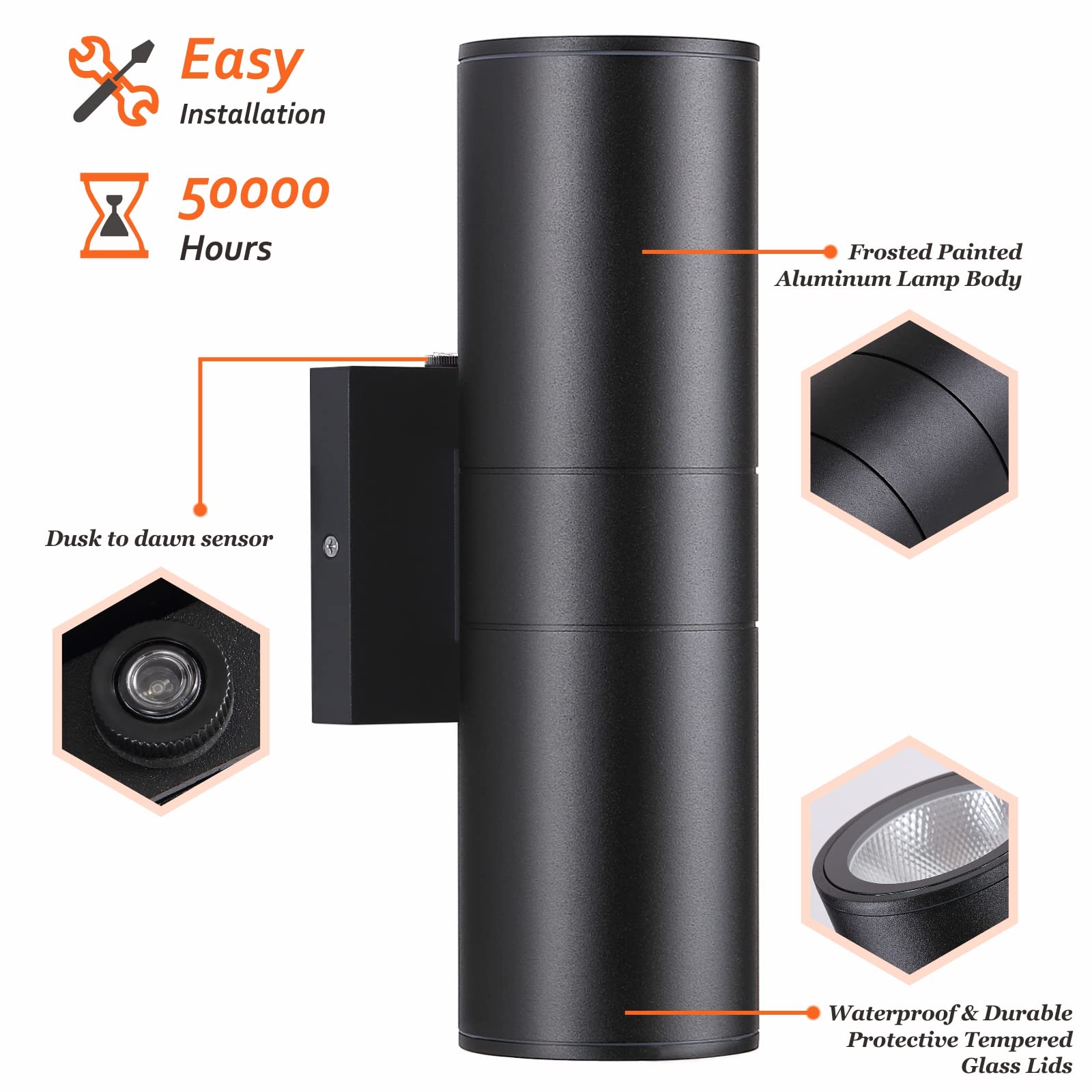 DAKAFUL Outdoor Wall Lights, 12W LED, Dusk to Dawn, IP65 Waterproof, 2 Packs, Black, Model DK-CWLS-2P