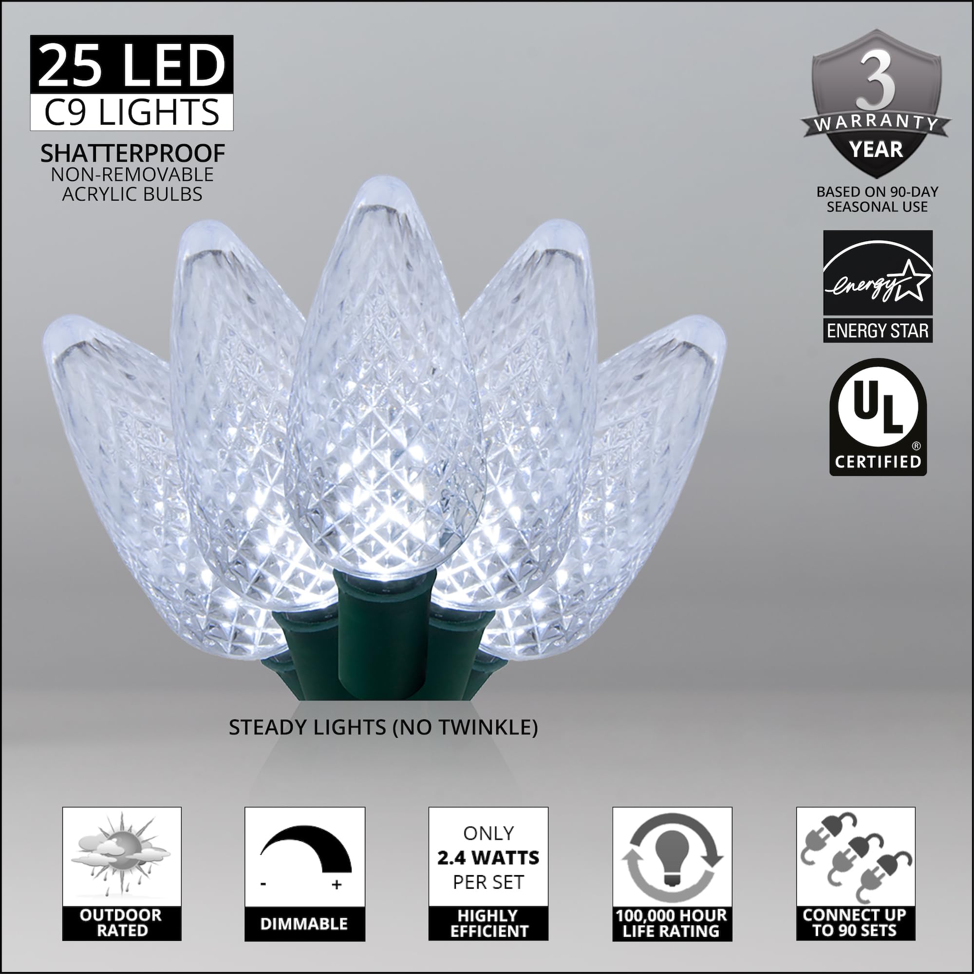 Wintergreen Lighting C9 LED Christmas Lights Set - 25 Cool White Lights, 17ft, Acrylic, Green Wire, Model IOS-4-25