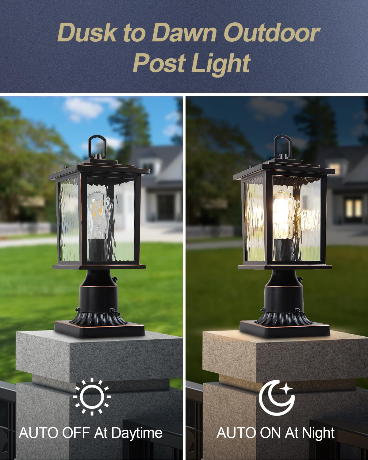 ZILLSEA Dusk to Dawn Outdoor Post Light, Oil-Rubbed Bronze Pole Lantern with Pier Mount Base, 16 Hardwired Lamp Post Light Fix