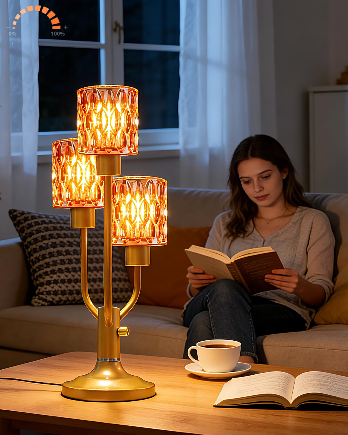 Lightdot Mid Century Glass Table Lamp 3-Light Gold Dimmable Desk Lamp with Rose Red Glass Shade & Bulb Included 3000K Warmwhite Farmhouse Nightstand Lamp for Living Room Bedroom Bedside