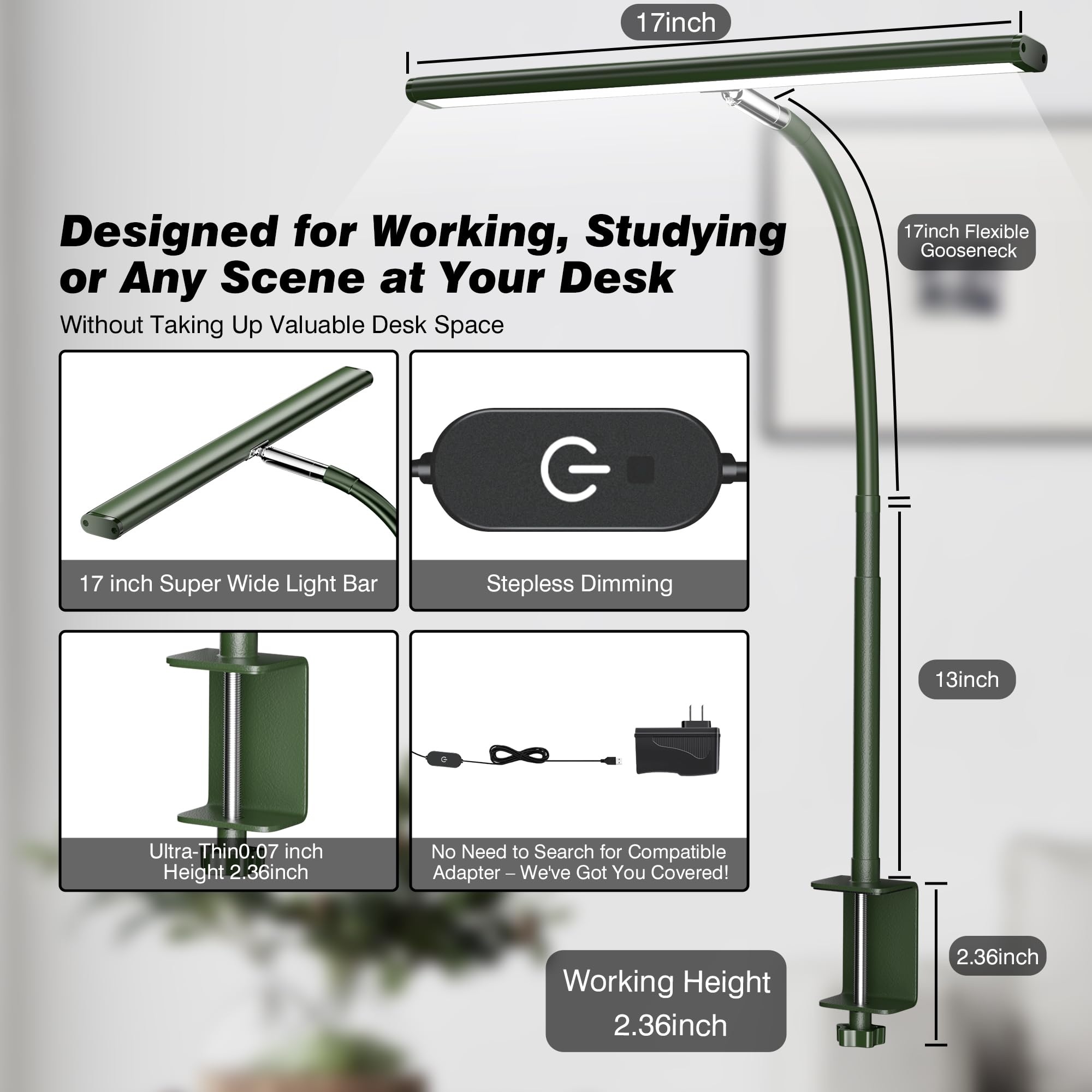 Airlonv Green Led Desk Lamp, Eye-Caring Light With Stepless Dimming & Flexible Gooseneck