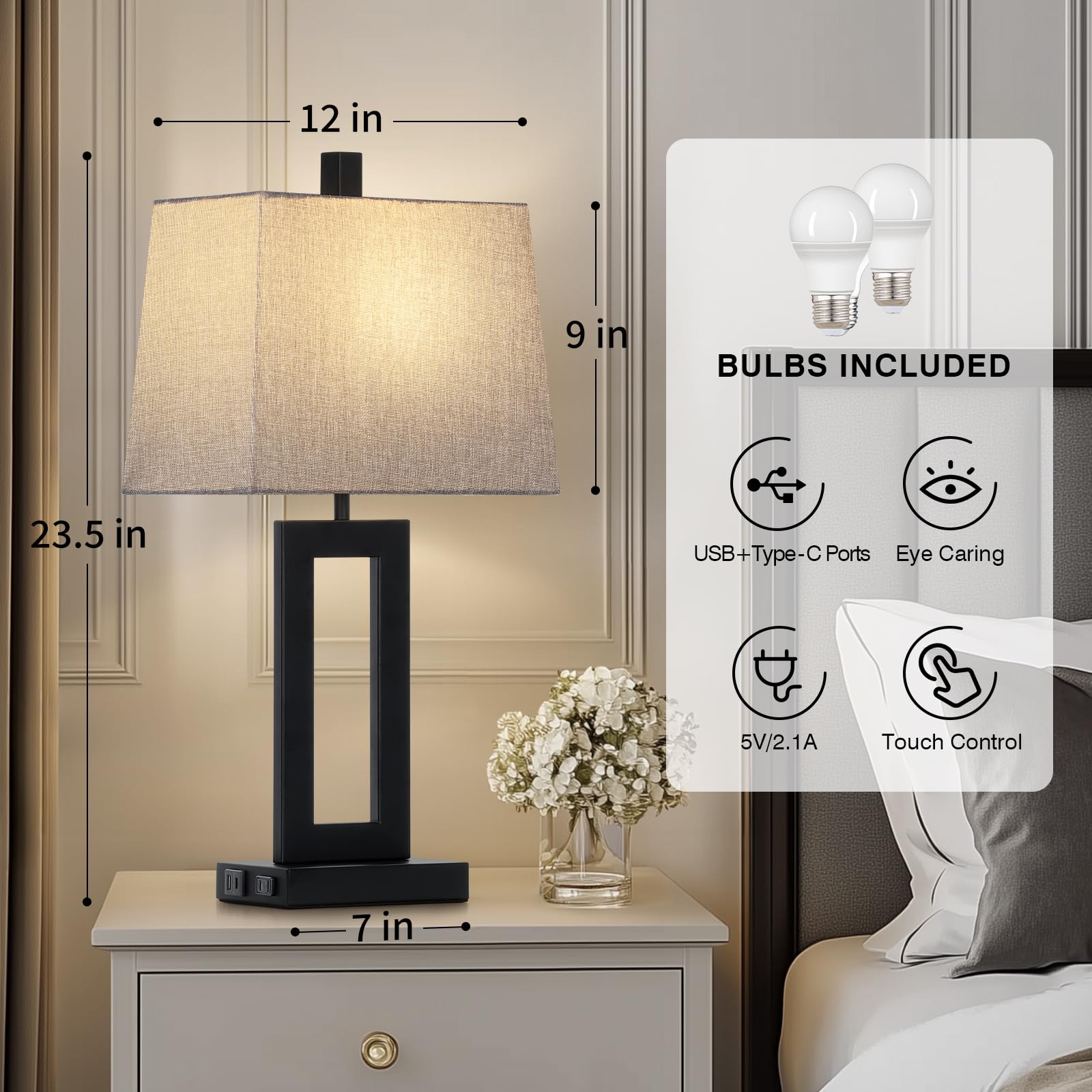 Cinkeda Touch Control Table Lamp Set Of 2, Modern Black Bedside Lamps With Usb C+A Ports & Ac Outlet, 3 Way Dimmable Bedroom Lam