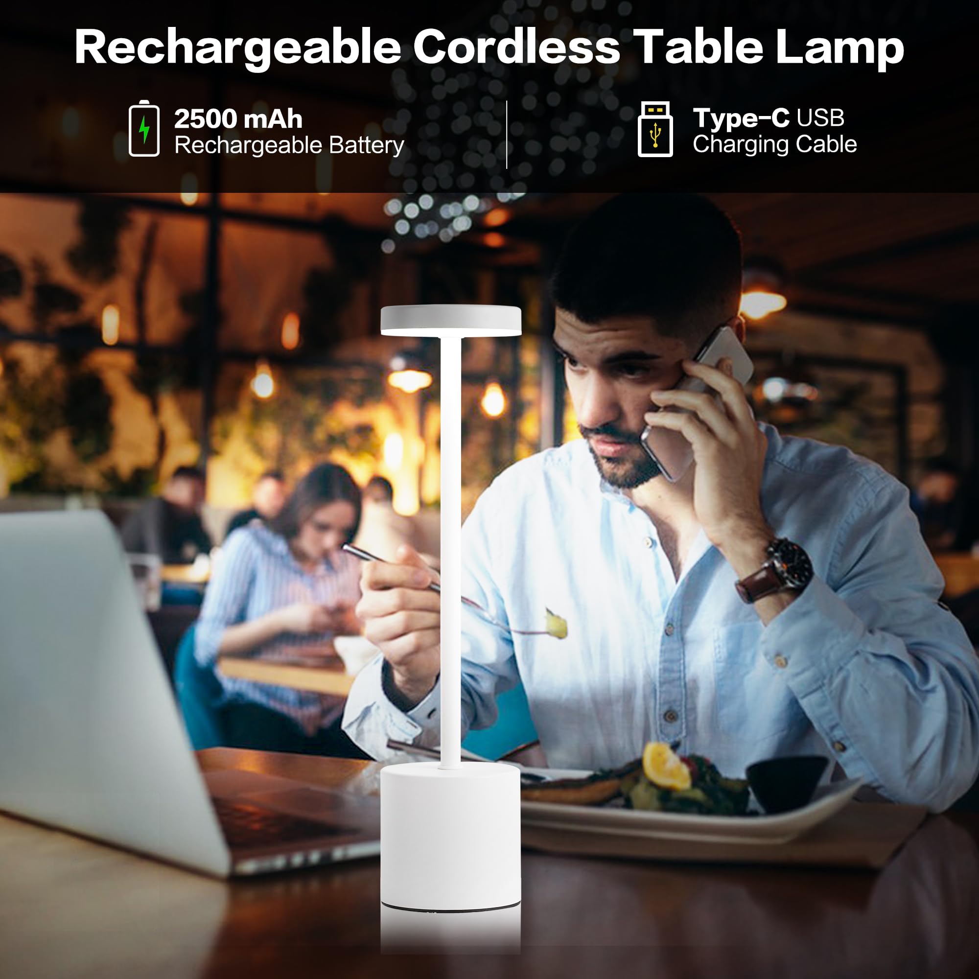 Masuper Cordless Table Lamps, Rechargeable Lamps, Touch Control, 3 Color Temperature, Stepless Dimmable, Led Portable Wireless L