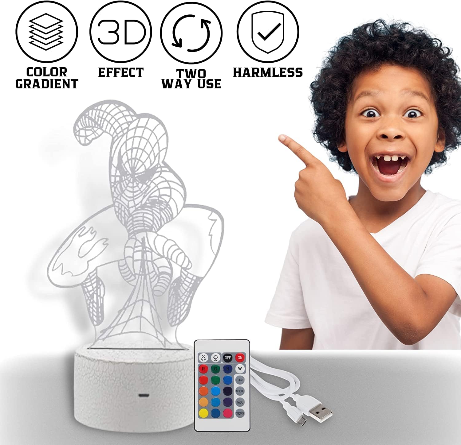 Yarrd Spider Human Night Light 3D - 3D Illusion Optical Kids Night Lights For Bedroom 16 Colors With Remote 3D Illusion Led Lamp Night Light For Kids Spider Gifts Cute Desk Lamp Ideal Room Decor Gift