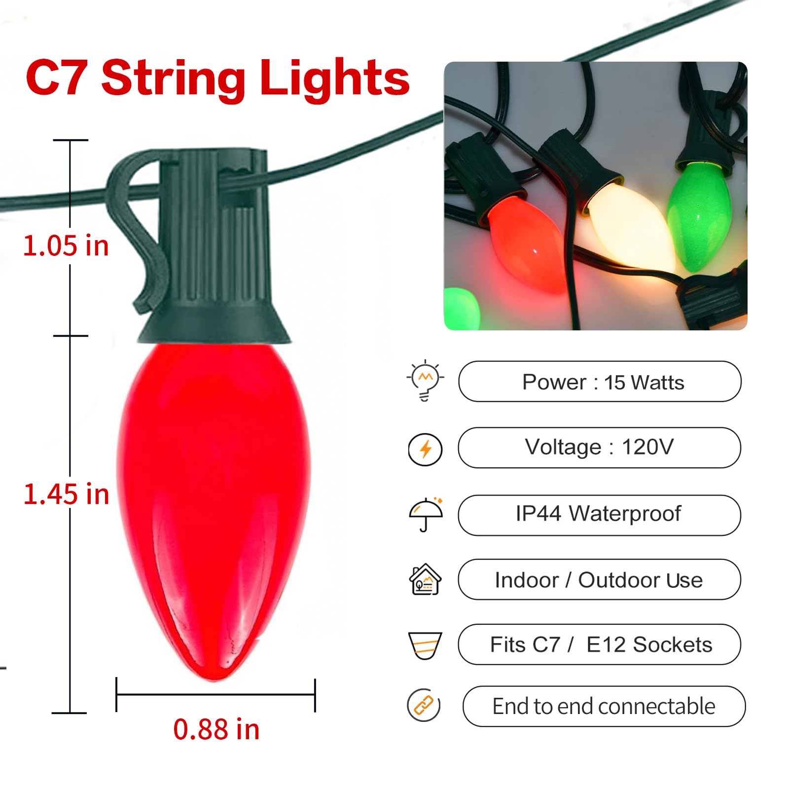 Chyparty 25Ft C7 Christmas Lights Outdoor  Red Green White 3-Color Led String Lights For Roof  Fence  Tree  Wedding  Party  Patio  Bright Holiday Decor