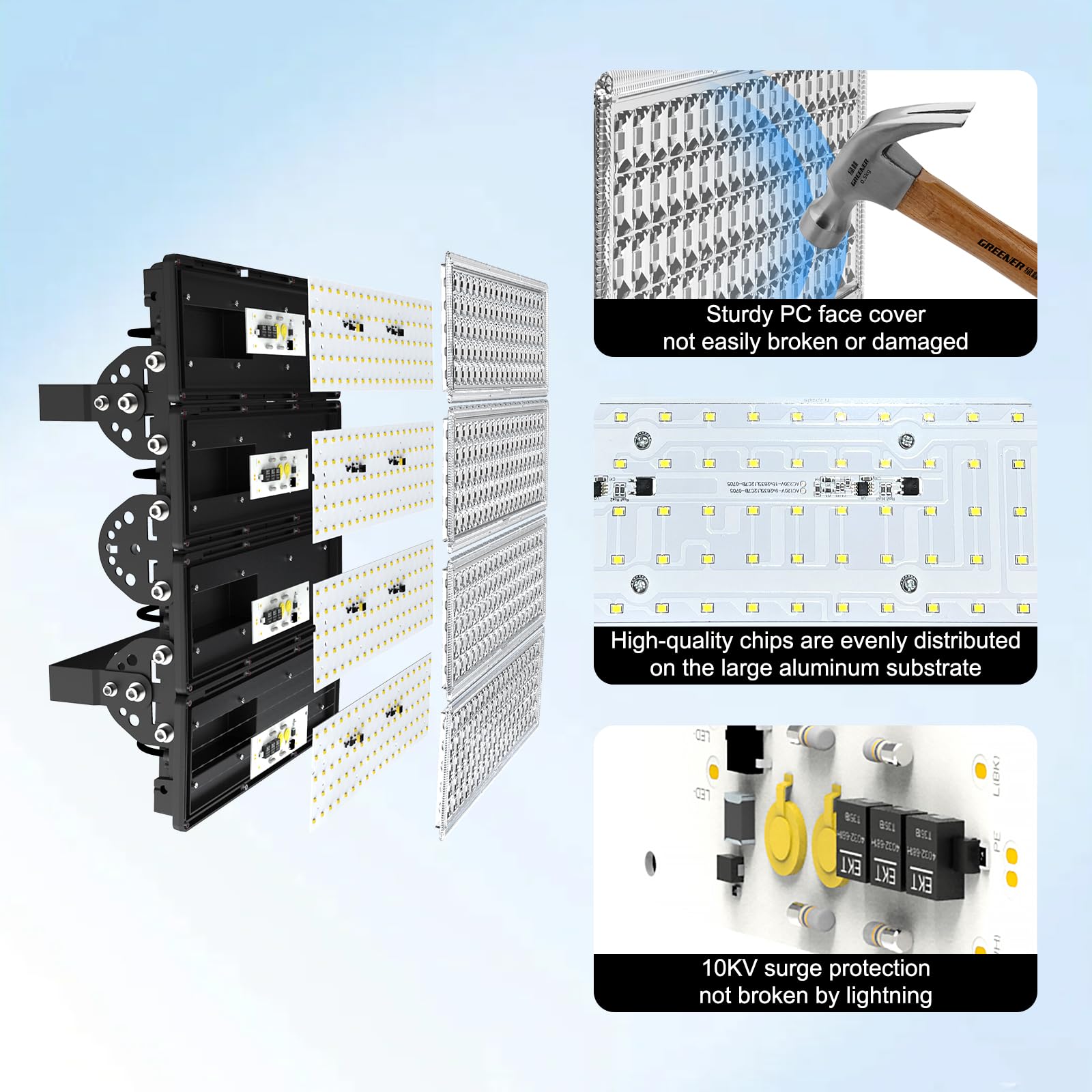 Kekeou 400W LED Stadium Lights - 56000LM, IP67 Waterproof, Black, Model FL-MZ4D-400W, Perfect for Outdoor Sports Courts and Parking Lots