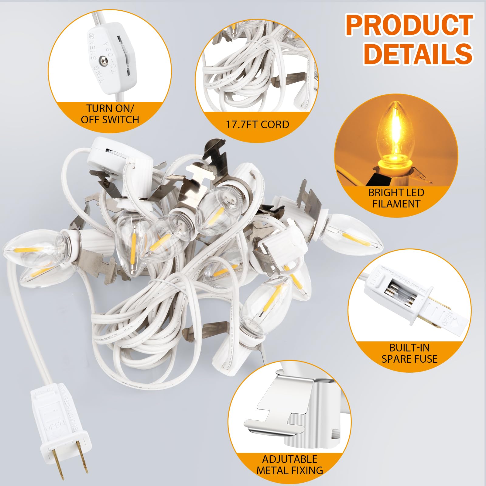 C7 Accessory Cord With 15 Led Light Bulbs And Outlet Christmas Village Light 17.7 Ft With Spare Fuse Warm White Lamp, For Xmas Village Pumpkin Crafts Holiday Decor