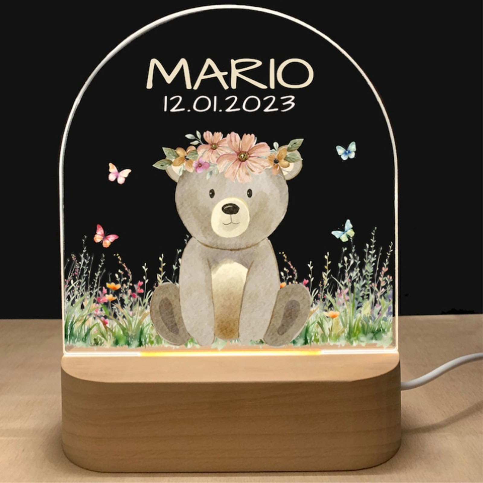 Personalised Baby Night Light Kids Night Light - Customised Night Lights with Name & Date, Baptism Gifts for Girls / Boys, Dimma
