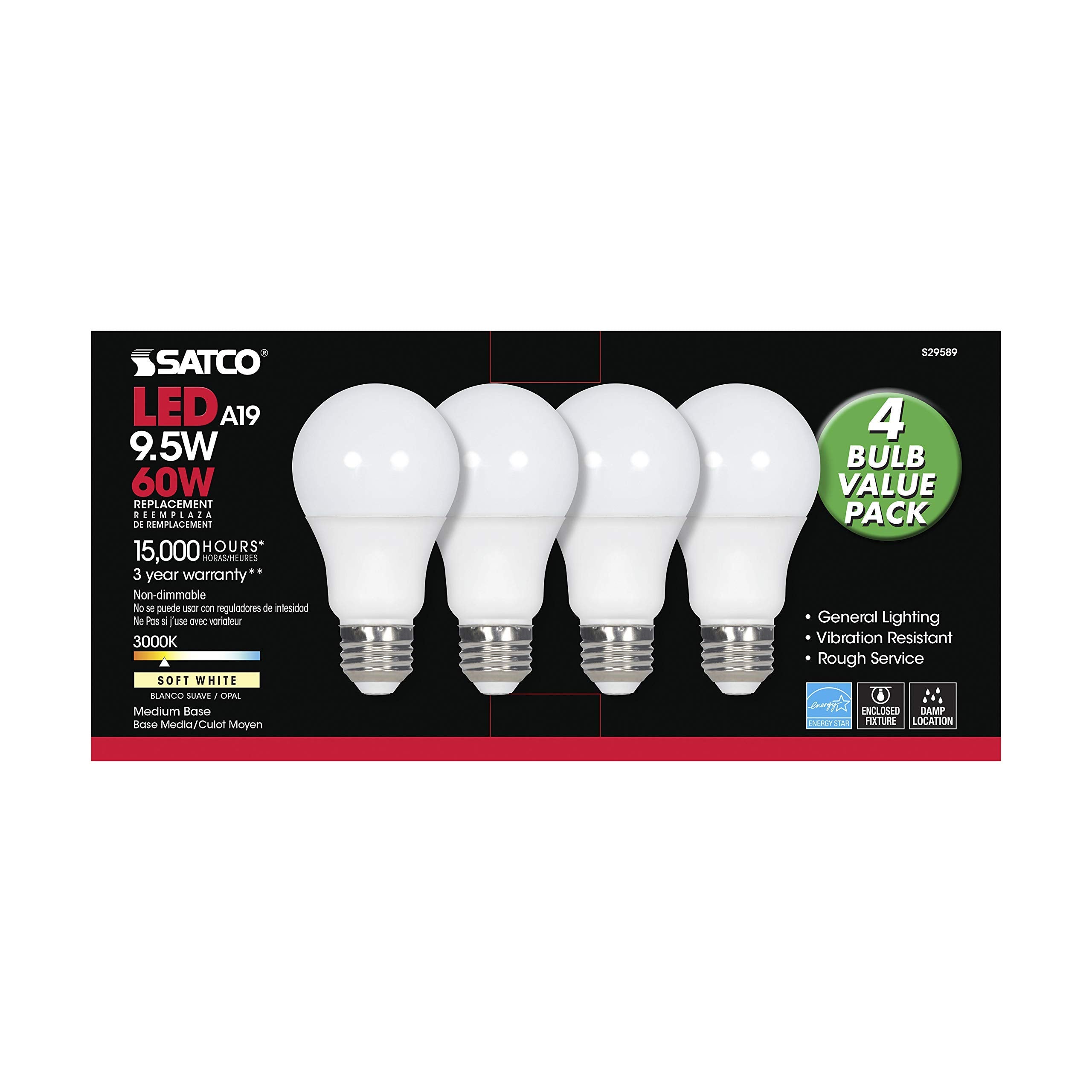 Satco Medium Light Bulb S29589, Frosted White, 3000K, 4.38 Inches, Medium Base, 220° Beam Angle, 4 Count