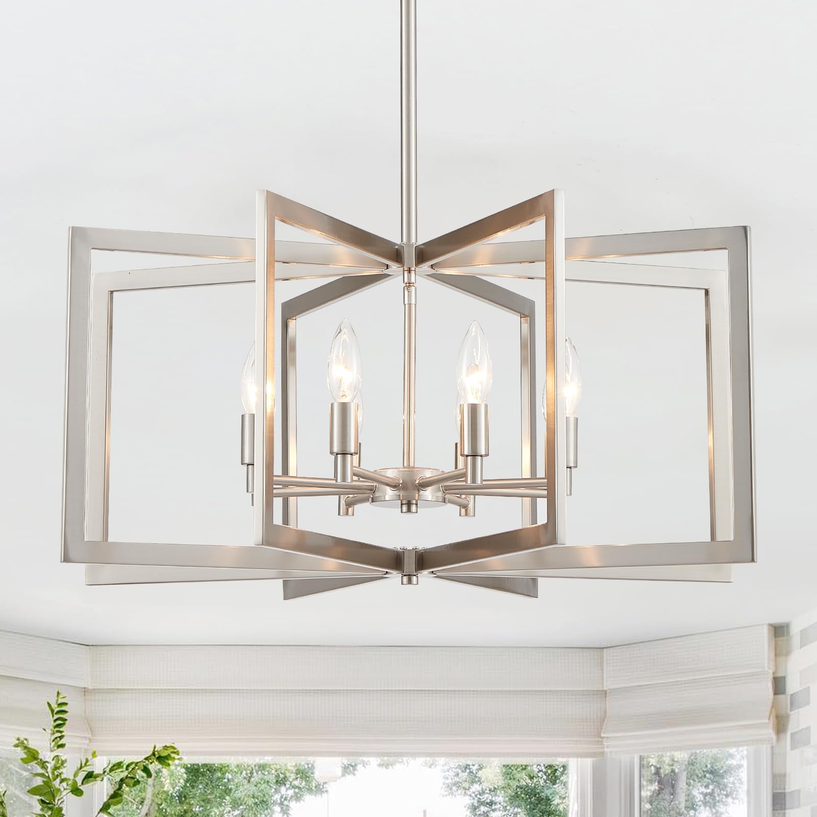 Cabvope Brushed Nickel Chandelier 26 Inch Modern Geometric 8-Light Large Metal Dining Room Pendant Lighting Fixture for Kitchen 