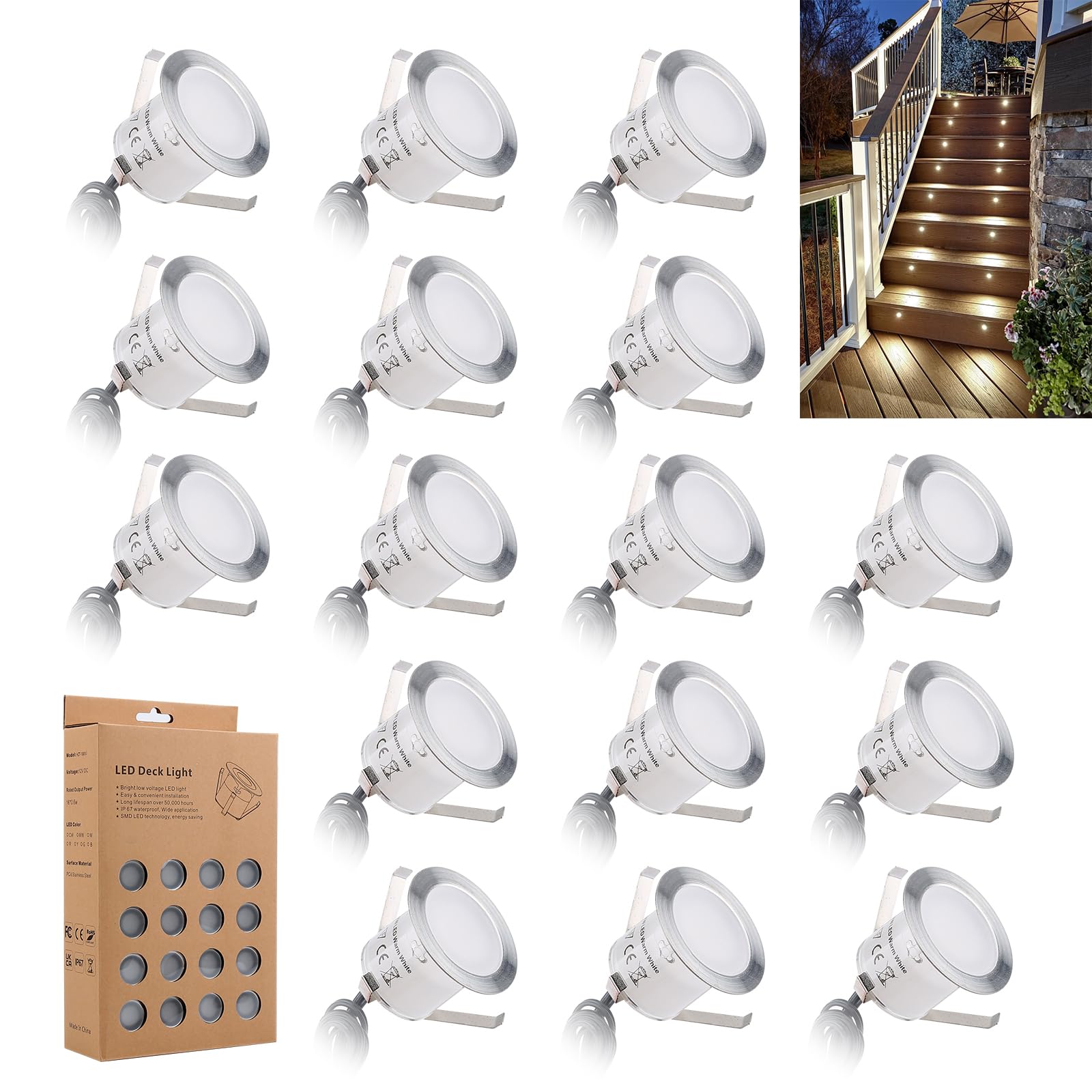 JUABREY Recessed LED Deck Light Kits 16 Pack  IP67 Waterproof Outdoor Landscape In-ground Lighting  12V Low Voltage Deck Lighting for Garden Yard Patio Step Stair Floor Decoration.