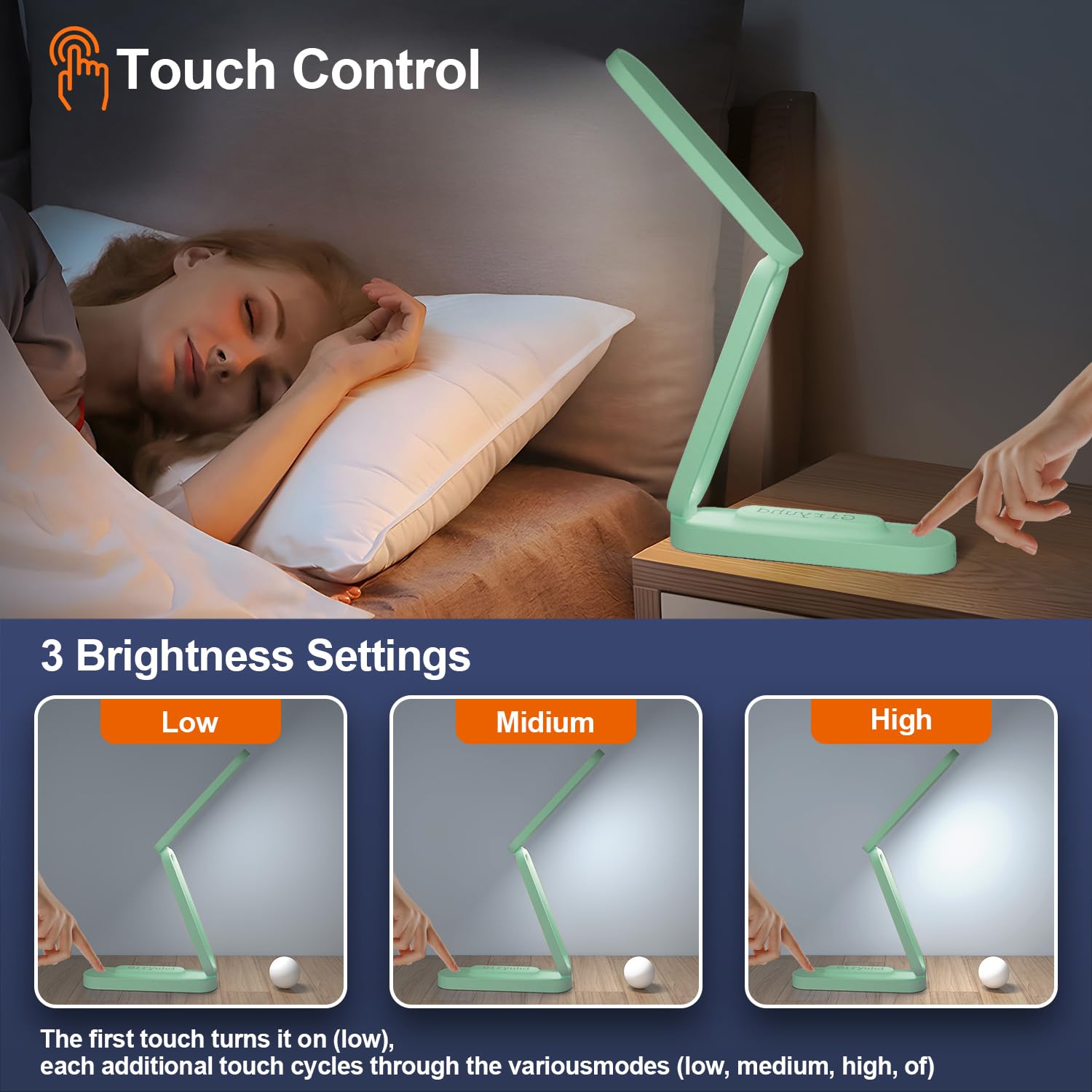 Giryuhd LED Desk Lamp - Rechargeable & Portable, 3 Brightness Levels, Green, Model A211, Foldable Light for Office & Home