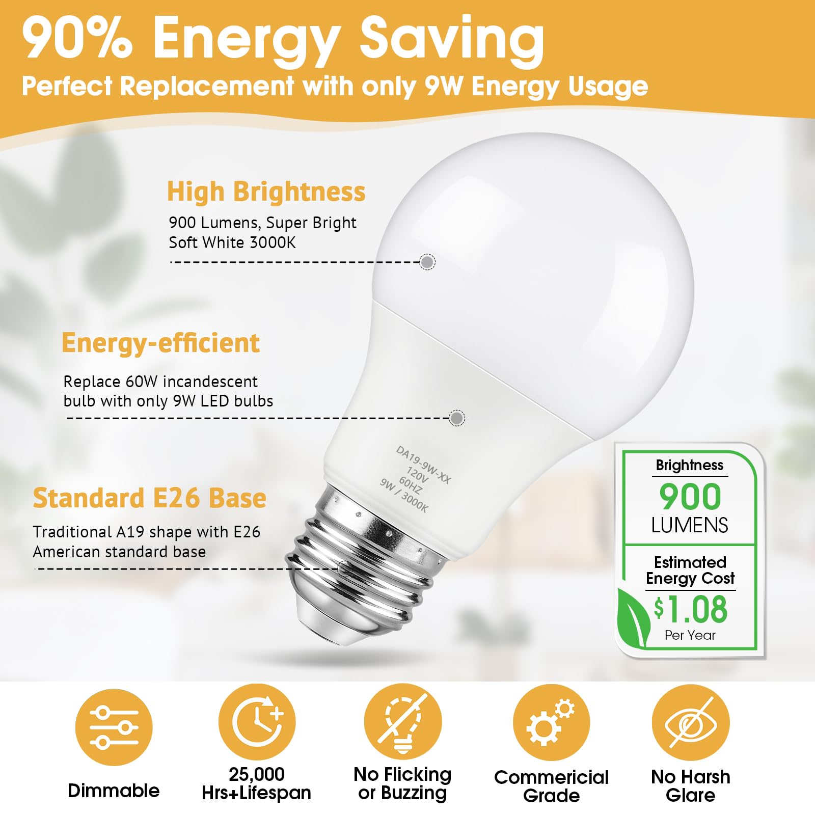 Maylaywood A19 Led Light Bulbs, 60 Watt Equivalent, Soft White 3000K, 900Lm, E26 Base, Dimmable, 9W Bright White Led Bulb, 12-Pa