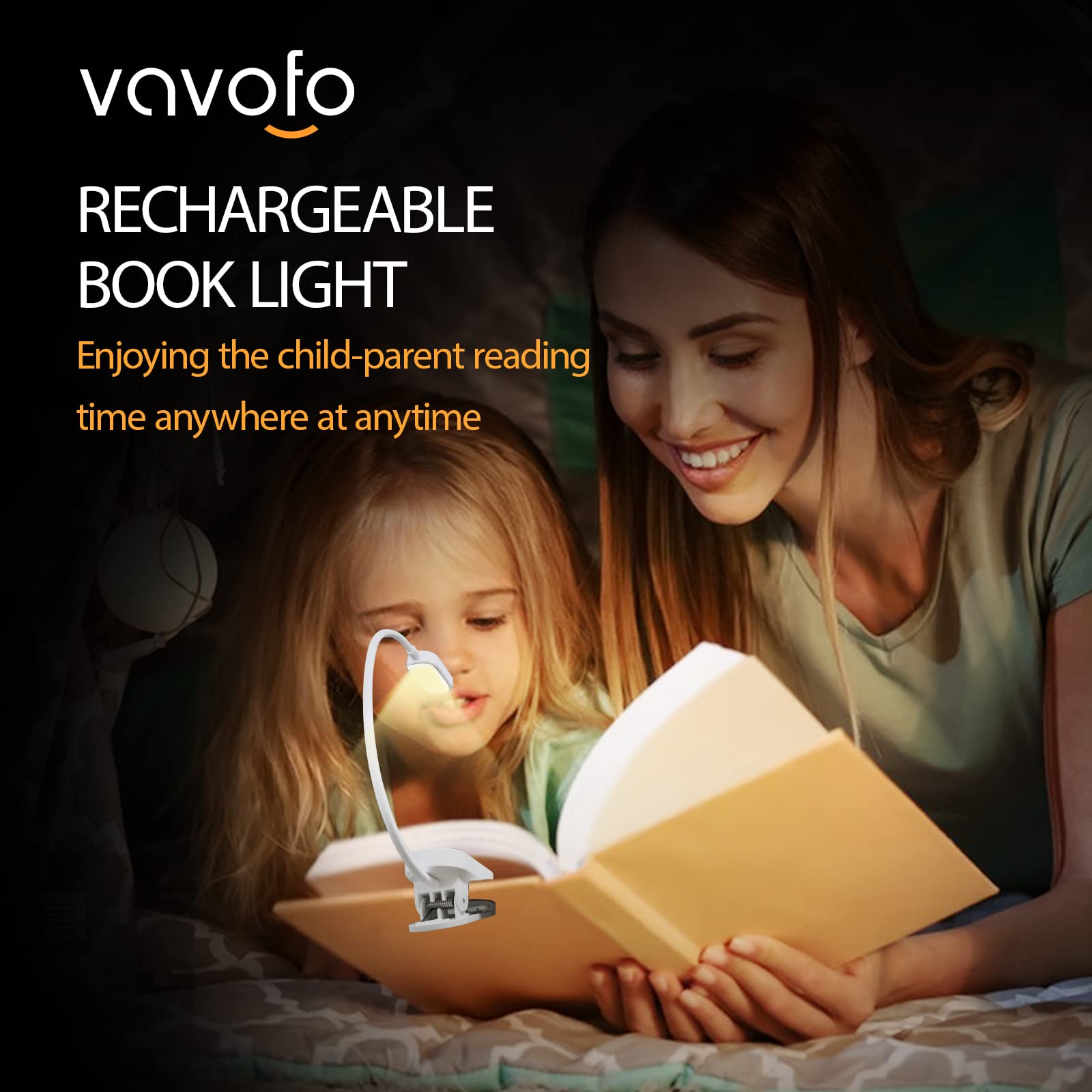 VAVOFO Rechargeable Book Light, 14 LEDs, Amber Reading Light, 9 Colors, 9 Brightness Levels, Model KM-6775, White and Black