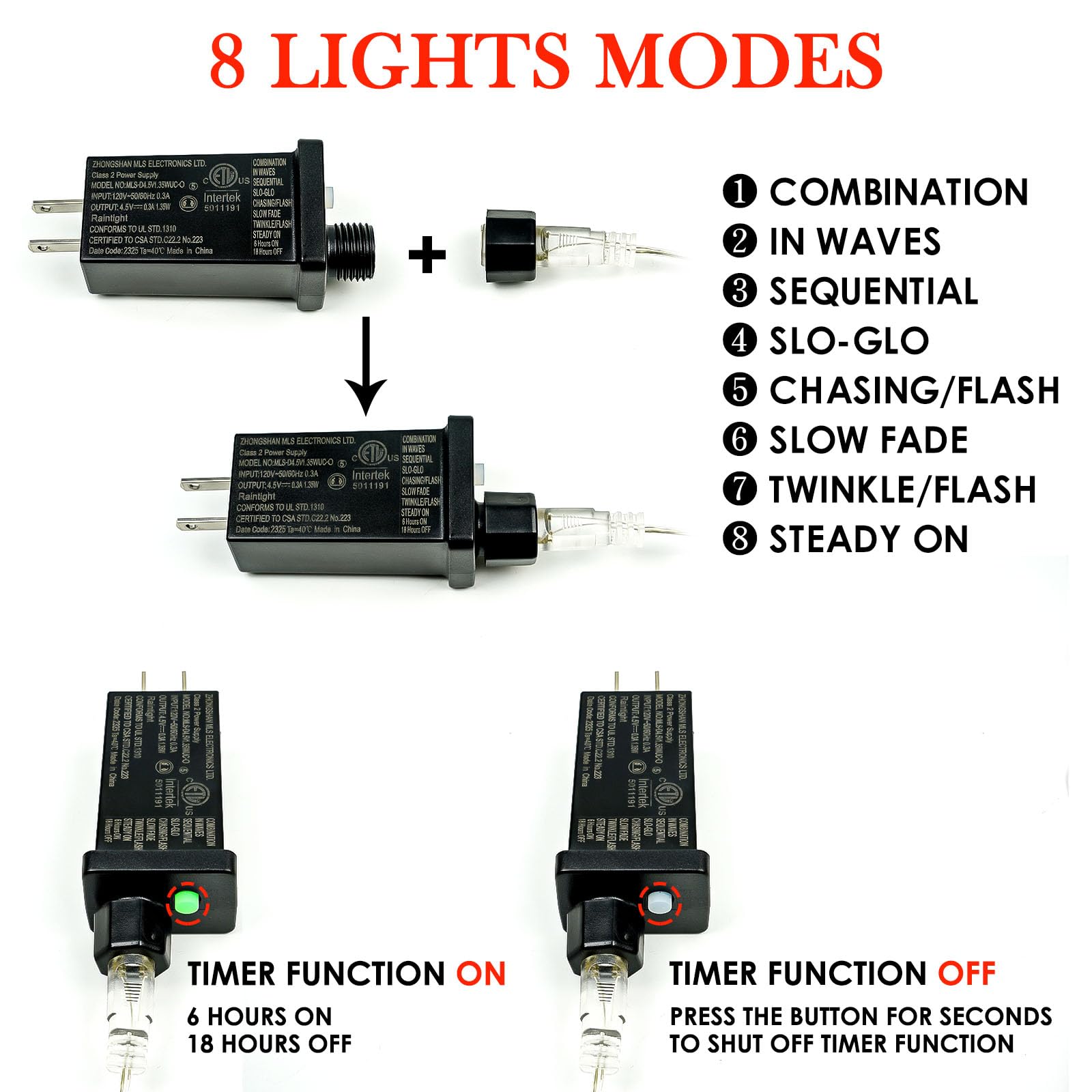 BHCLIGHT 200LED Fairy Lights, Waterproof String Lights, 8 Modes with Timer, 66Ft, Red, Model MLS-D4.5V1.35WUC-O