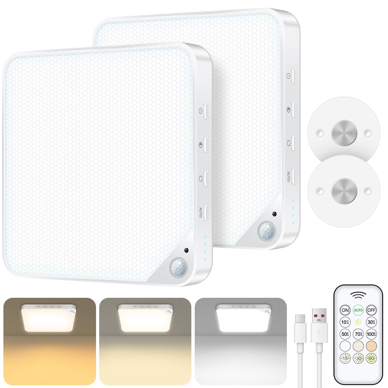 Rechargeable 8W Motion Sensor Ceiling Light Indoor, Wireless Magnetic Stick on Closet Light, Remote Control for Color & Brightne