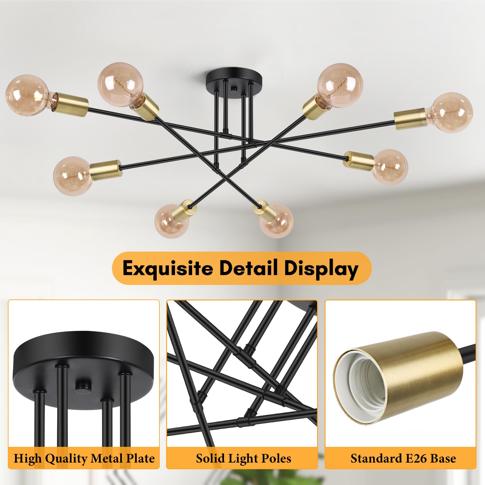 Modern Sputnik Chandelier 8-Light Industrial Ceiling Lights Fixture 32'' Black Semi Flush Mount Ceiling Light With E26 Base Sput