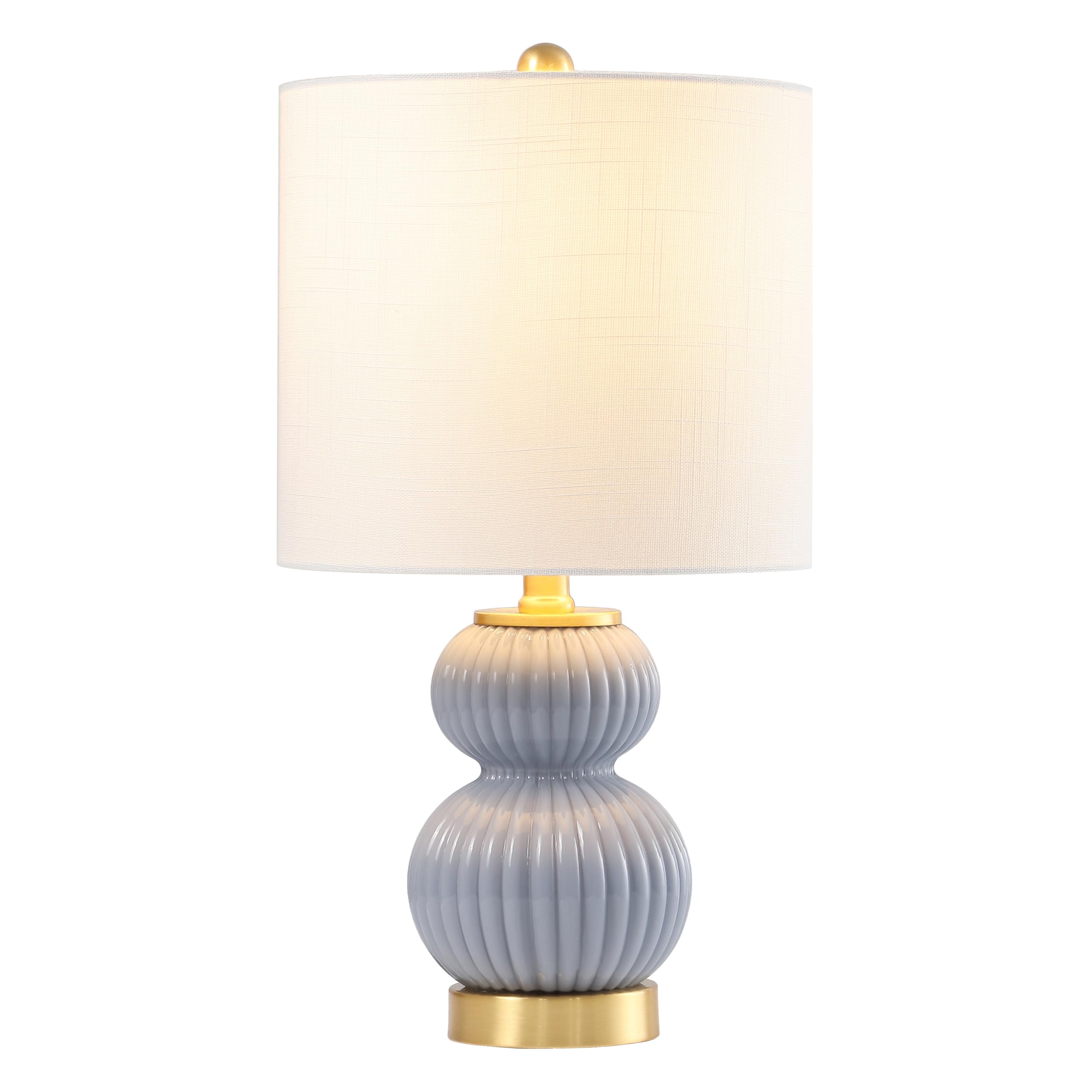 JONATHAN Y 20 Gray/Brass Gold Ribbed Gourd Glass Table Lamp, Modern Bedside Lamp for Bedroom Living Room, White Linen Drum Shade