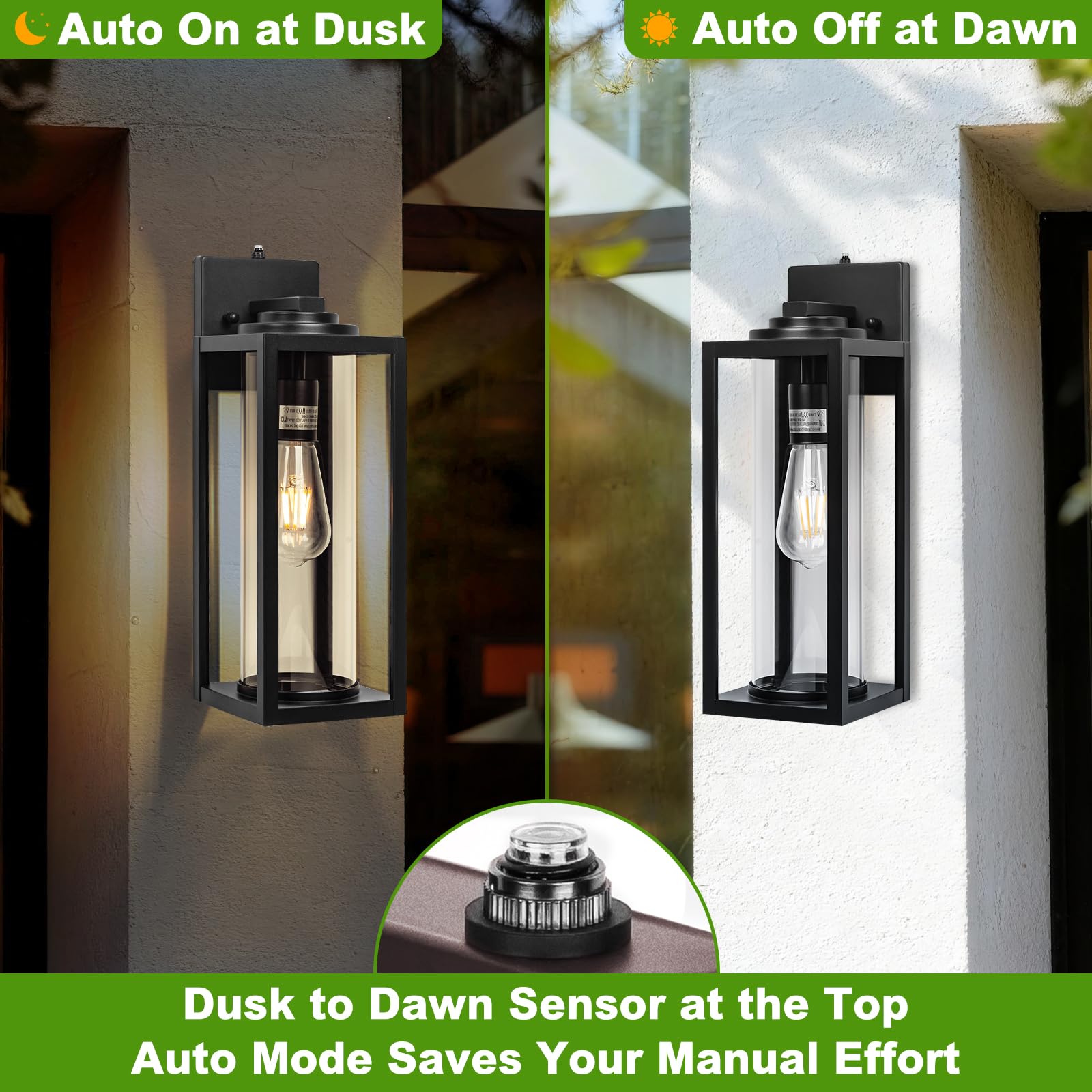 FILIYANO Outdoor Wall Light Fixtures - 20inch Dusk to Dawn, Waterproof Black Industrial Lanterns, 2 Pack, Model B07060PP