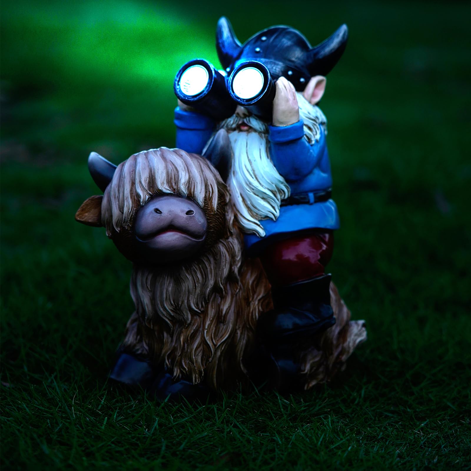 Joint Honglin Garden Gnome Statues Resin Gnome Sitting On Highland Cow Solar Lights Outdoor Telescope Gnome Gifts For Yard, Pati