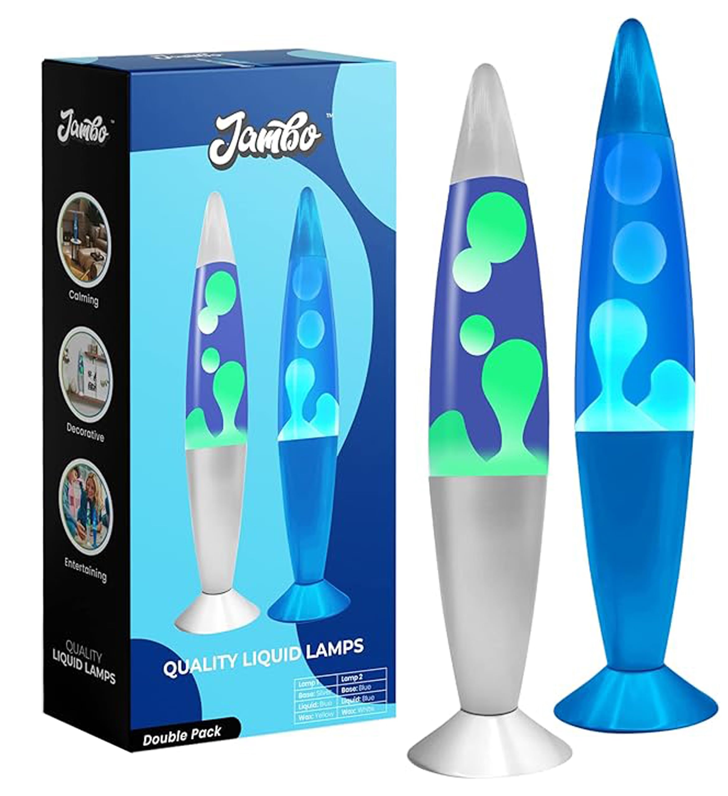 Jambo 16&quot; Inch Beautiful Liquid Motion Lamp With Wax | Entertaining For Adults, Teens And Kids (Silver Base, Blue Liquid, Yellow Wax & Blue Base, Blue Liquid, White Wax Double Pack)
