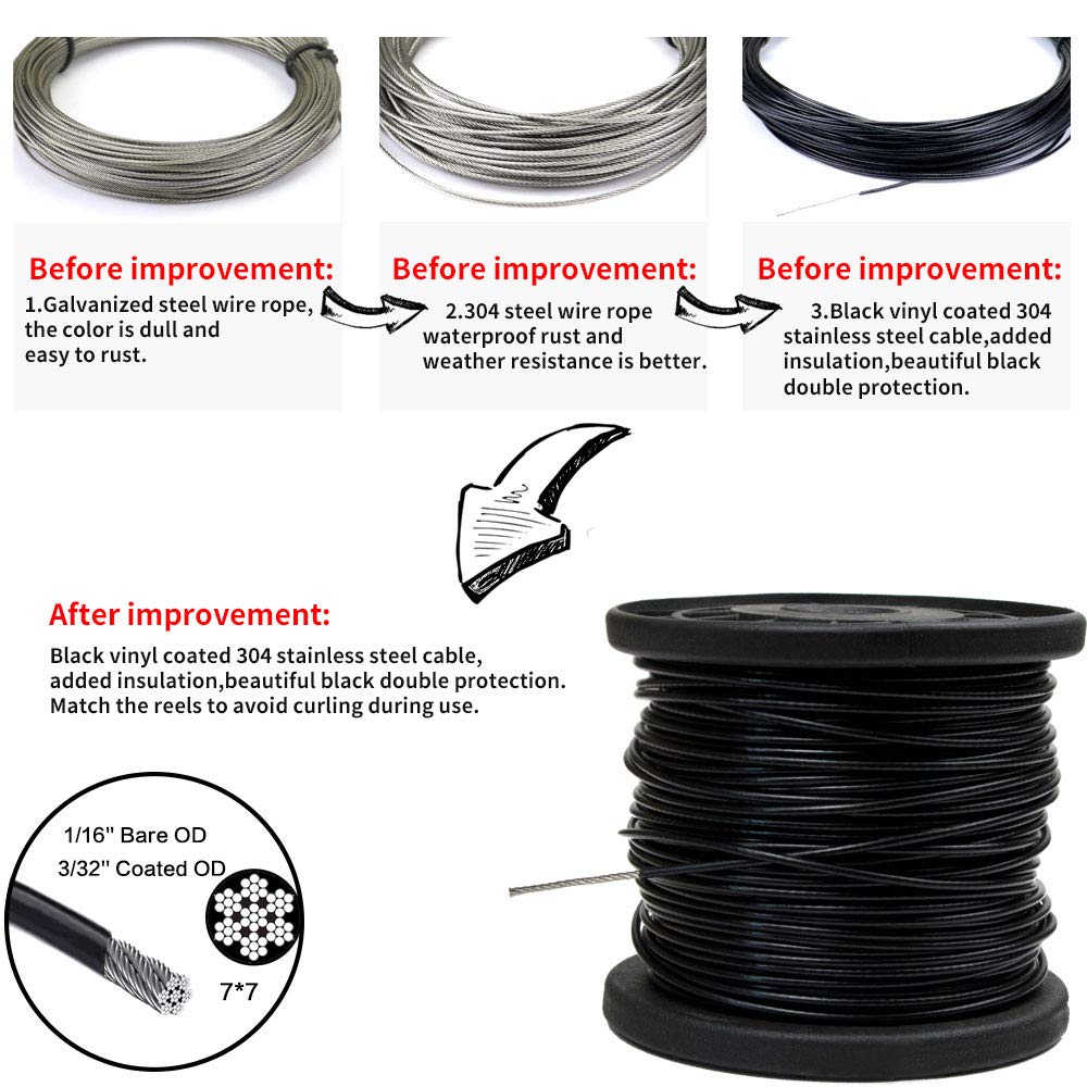 Yql 164Ft Outdoor String Lights Hanging Kit - Black Vinyl-Coated Stainless Steel Cable