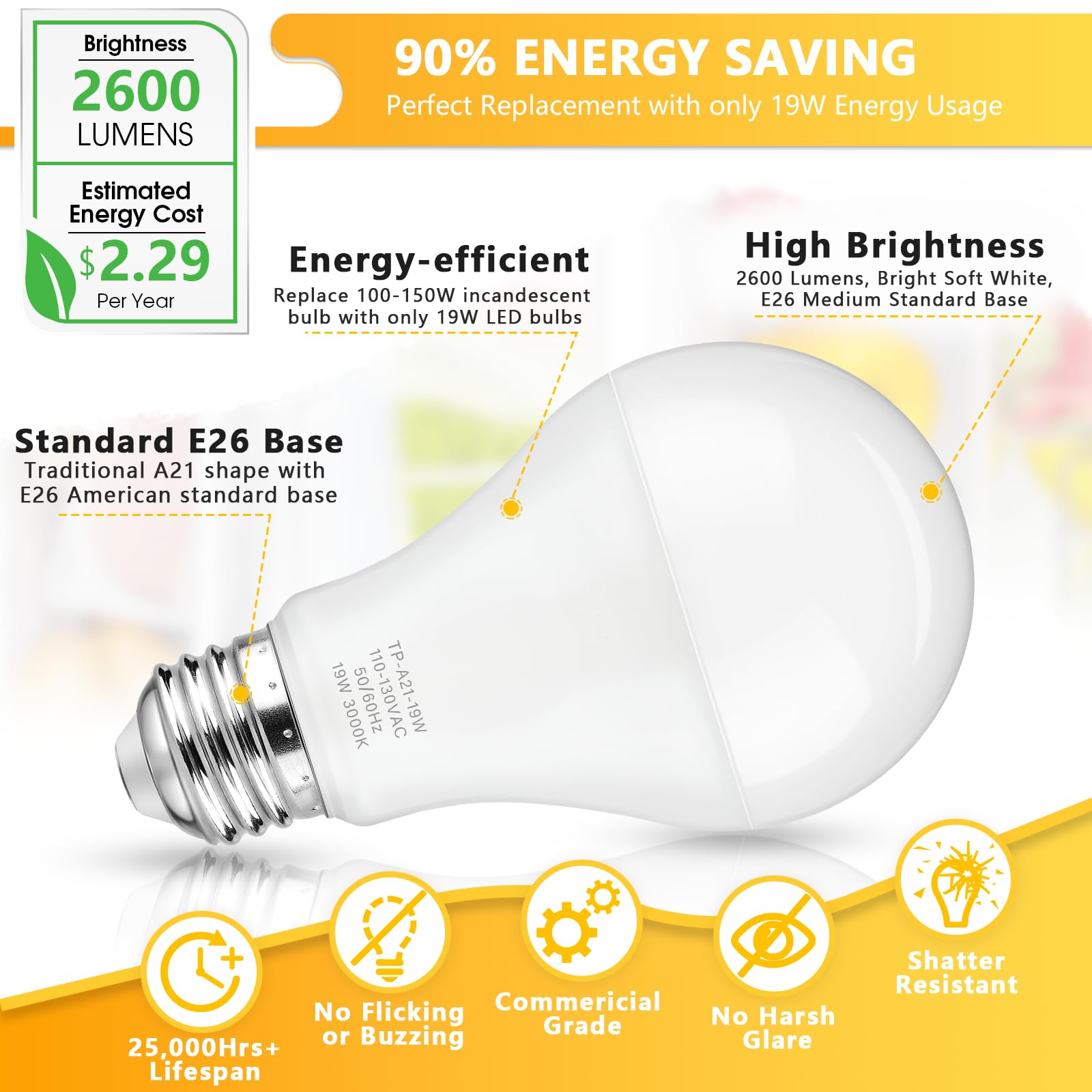 Maylaywood A21 Led Light Bulbs, 150 Watt Equivalent, Soft White 3000K, 2600Lm, E26 Base, Non-Dimmable, 19W Bright White Led Bulb