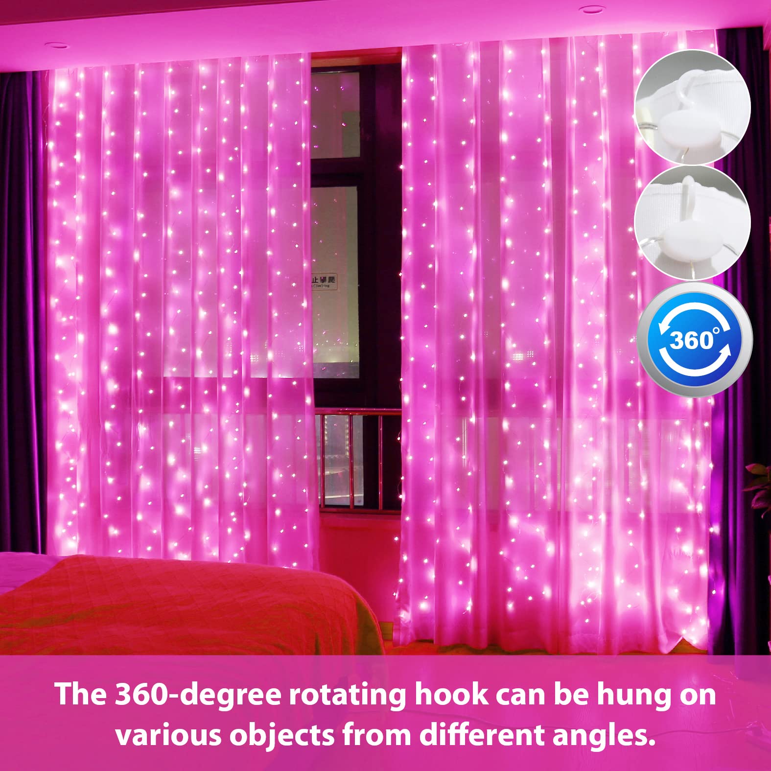 HXWEIYE Fairy Curtain Lights, 300LED, Pink, USB Plug, 9.8x9.8Ft, 8 Modes, Timer, Model HY100150-300, Suitable