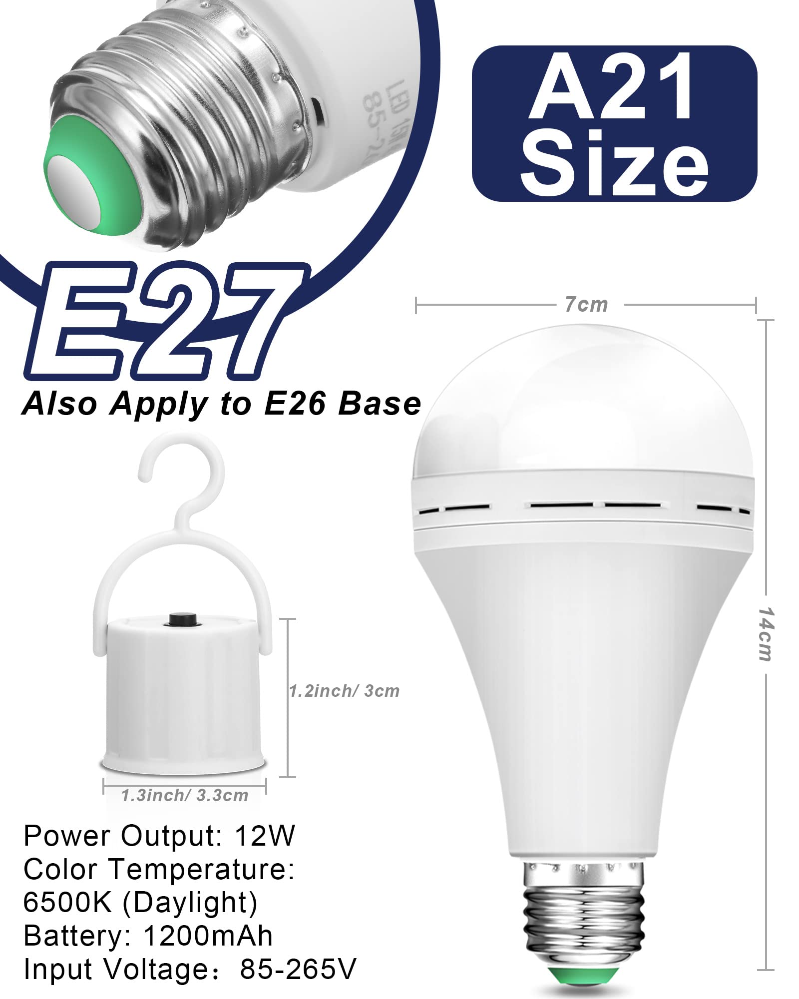 Mudder 12 Pack A21 Rechargeable Light Bulbs 12W Emergency Led Light Bulb Battery With E27 Base Hanging Hooks 1200 Mah 65W Equiva