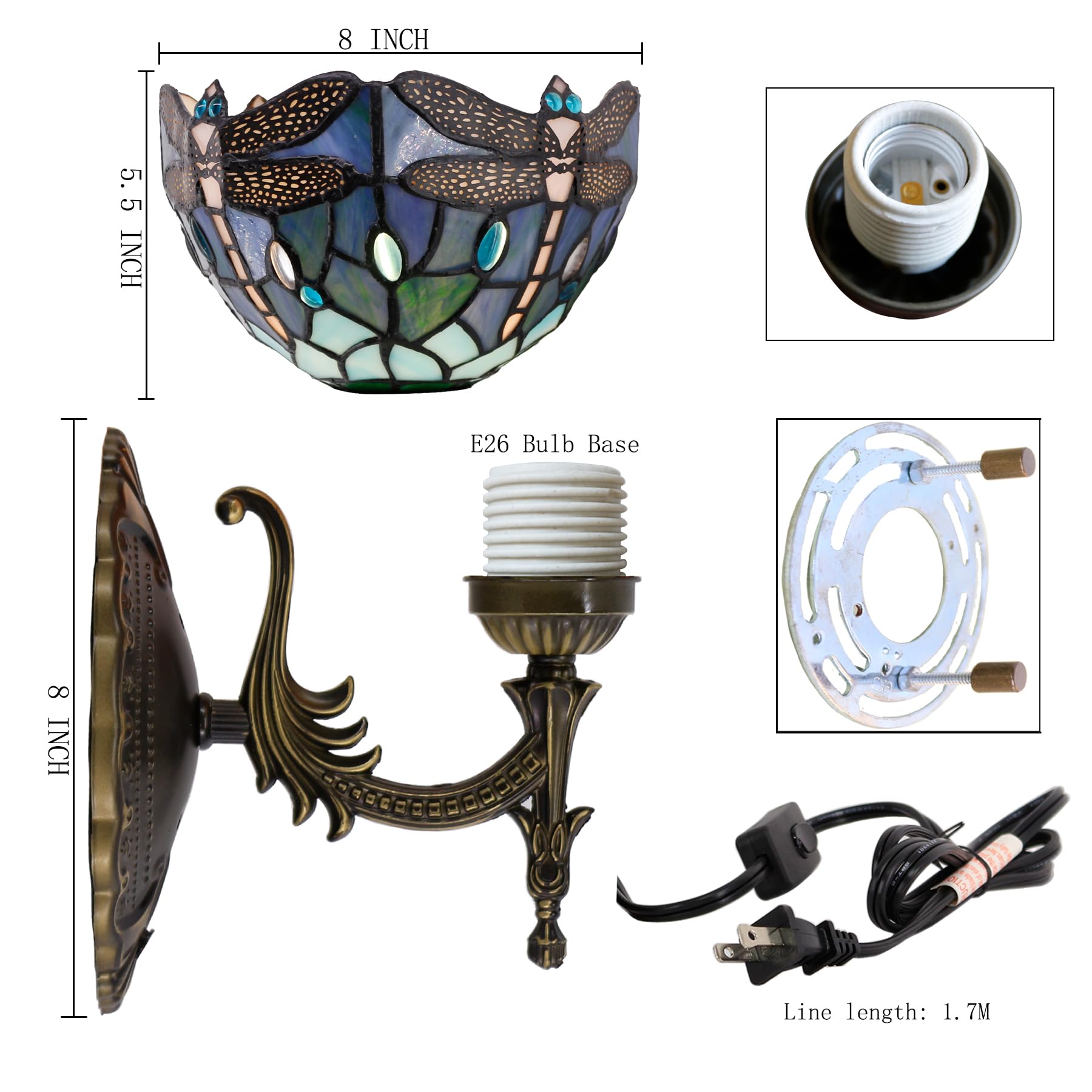 Avivadirect Tiffany Wall Sconce Lamp Plug In Or Hardwire Wall Light With 8 Inch Blue Dragonfly Stained Glass Lampshade 8X10.5X11