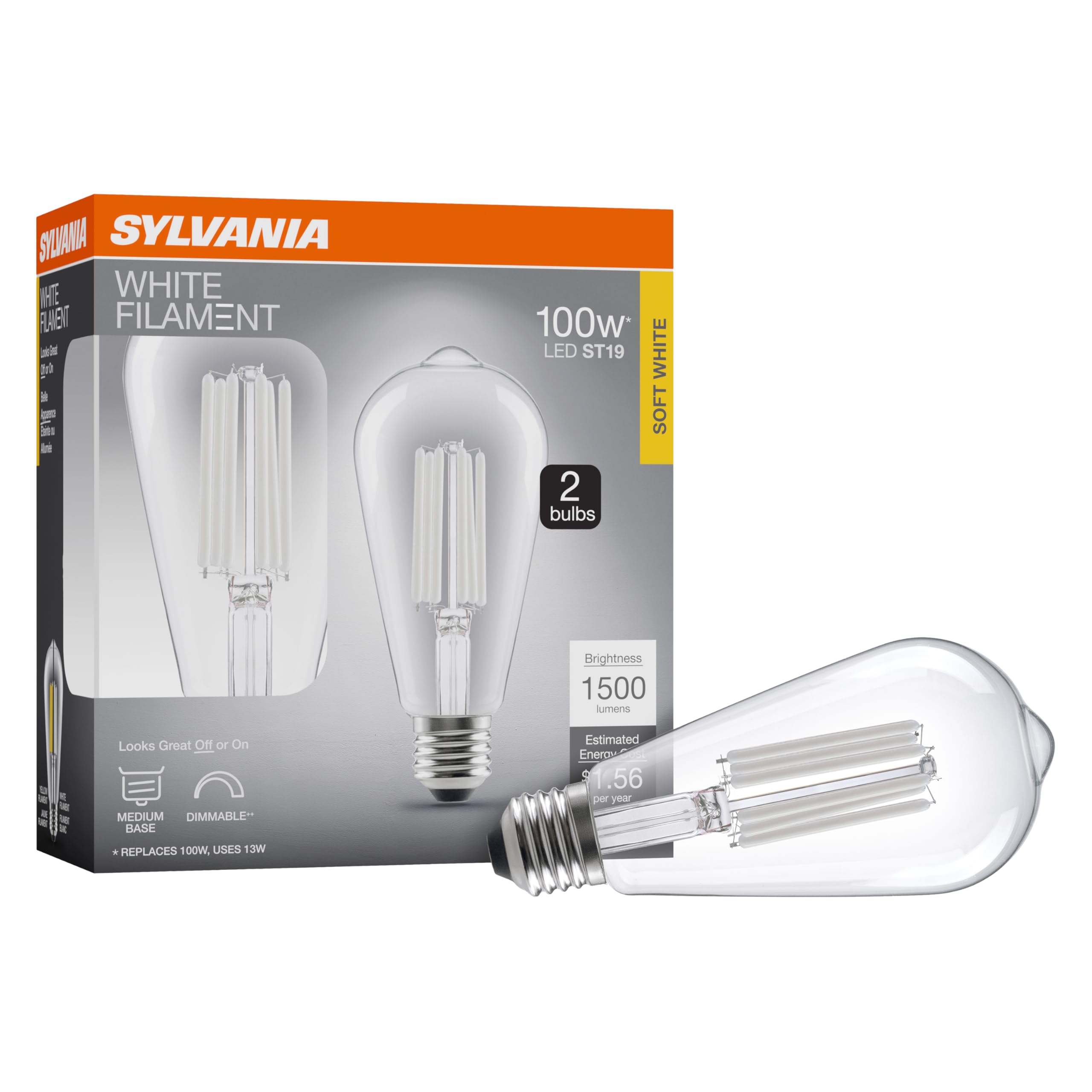 Sylvania St19 Clear Led White Filament Bulb, 13W, Dimmable, 1500 Lms, Medium Base, 2700K, Soft White - 2 Pack (42252)