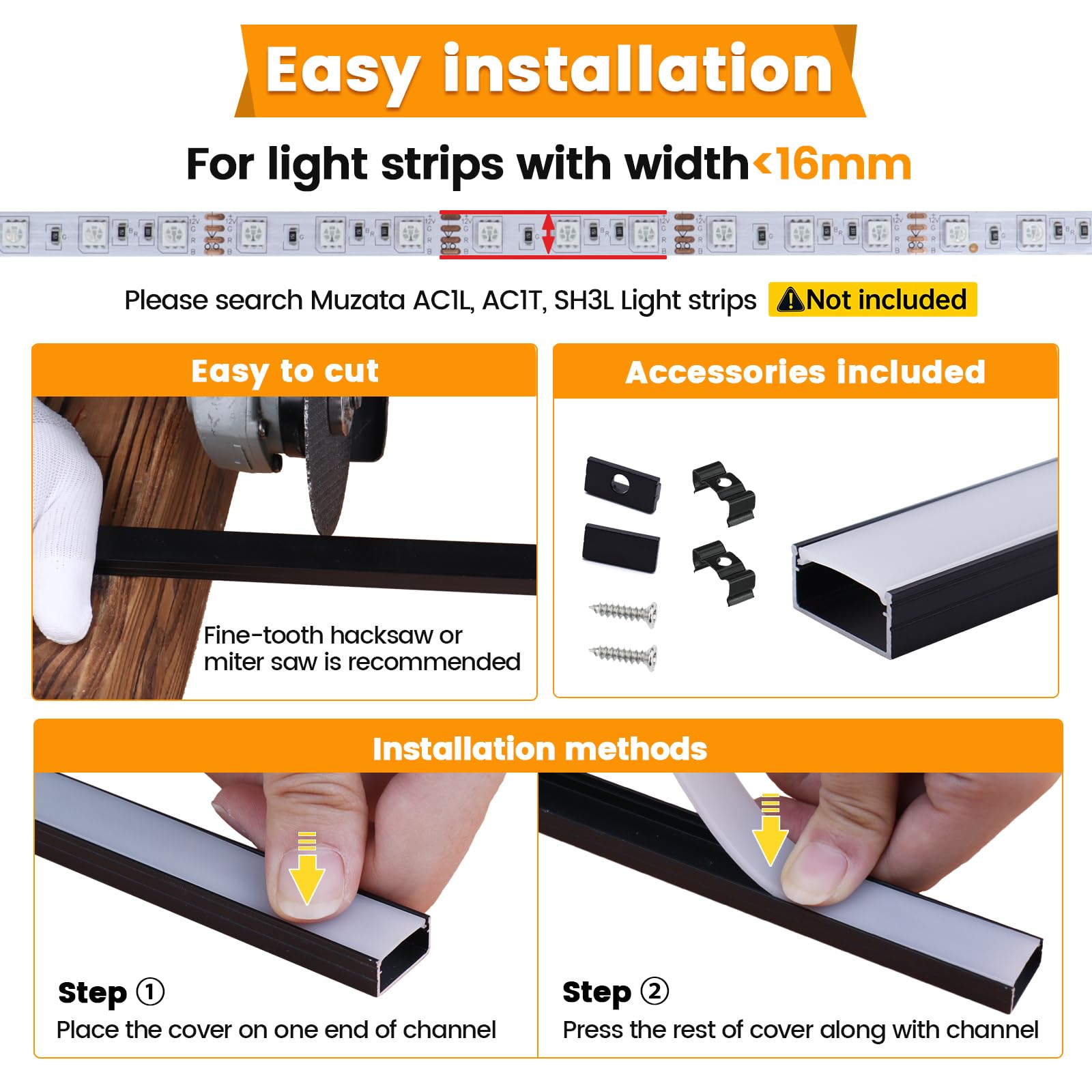 Muzata LED Strip Diffuser Channel, 3.3FT/1M, Black Aluminum, 6Pack, Milky White Cover, Model U102