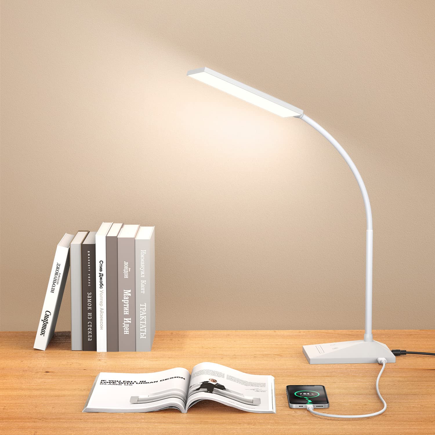 Vansuny LED Desk Lamp with USB Charging, 5 Color Modes, 6 Brightness Levels, Flexible Gooseneck, White