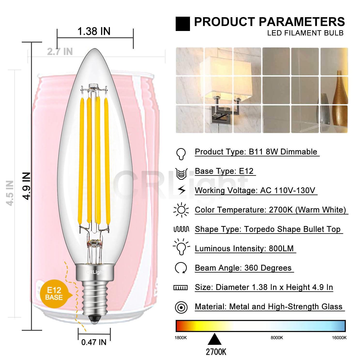 Crlight 8W Dimmable Led Candelabra Bulbs, 2700K Warm White, E12, 800Lm