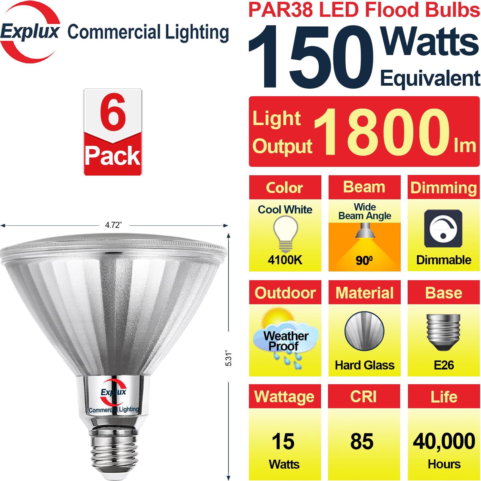 Explux Commercial LED PAR38 Flood Light Bulbs, 150W Equivalent, Dimmable, 1800 Lumens, 4100K Cool White, 6-Pack, Glass