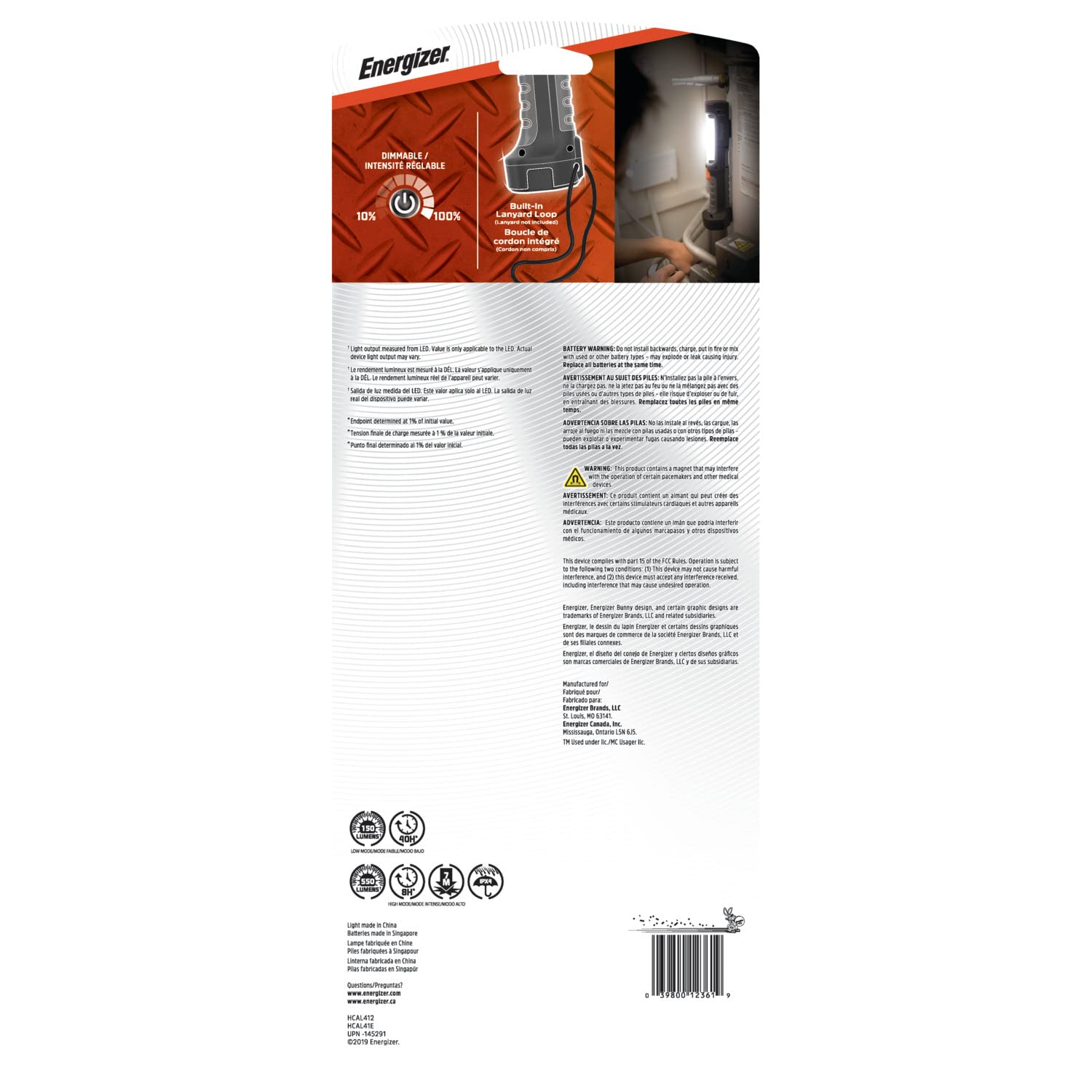 Energizer HC-550 LED Flashlight - Water Resistant, Magnetic Work Light, AA Batteries Included, Multicolor, One Size