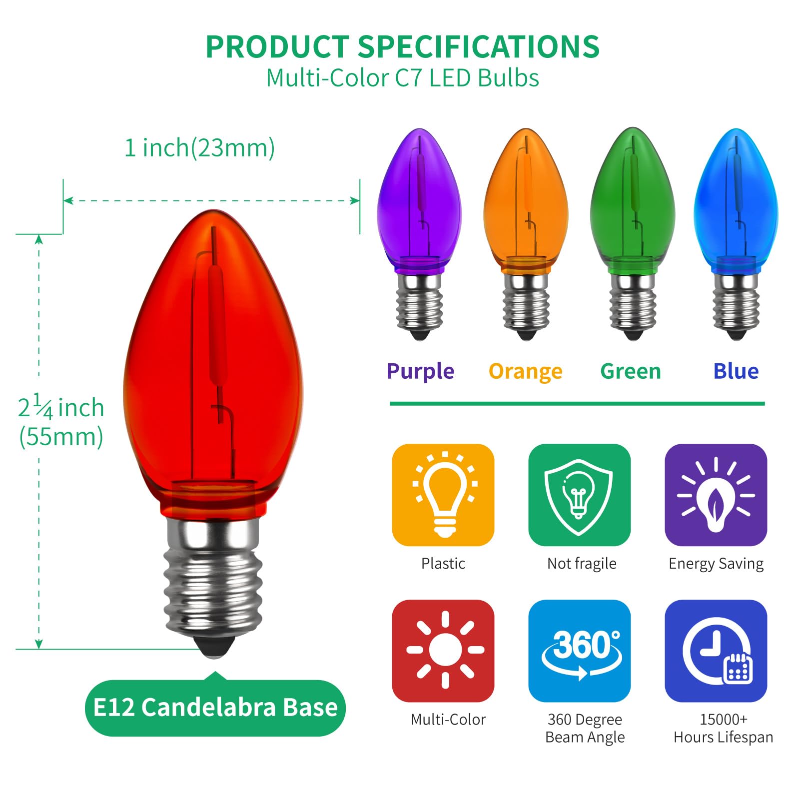 Meconard C7 Led Replacement Christmas Light Bulb, C7 Shatterproof Led Bulbs For Christmas Outdoor String Lights, E12 Candelabra Base, Commercial Grade Holiday Bulbs, Multi-Color, 25 Pack