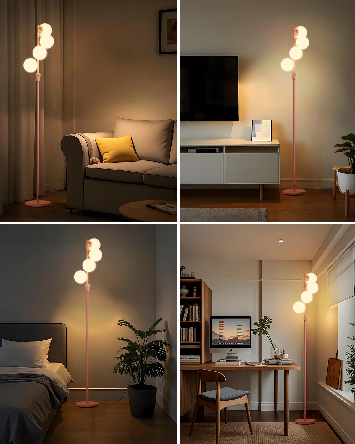 Acohook 64In Dimmable Pink Floor Lamp, Tall Standing Lamps With 4 Globe Soft Warm White Eye Care 3000K G9 Bulbs, Mid Century Mod