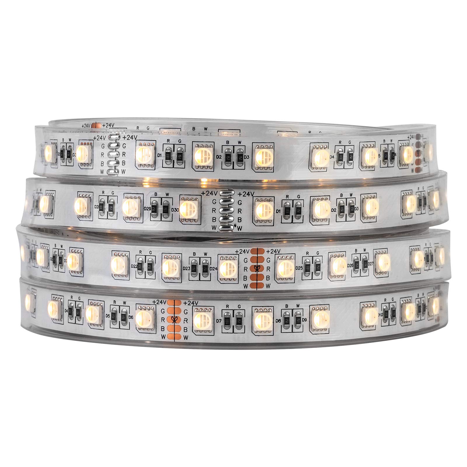 BTF-LIGHTING 5050 RGBW RGB+Warm White(2700K-3000K) 4 Colors in 1 LED Tape Light DC24V 5m 16.4ft 60LED/m Multi-Colored IP67 White