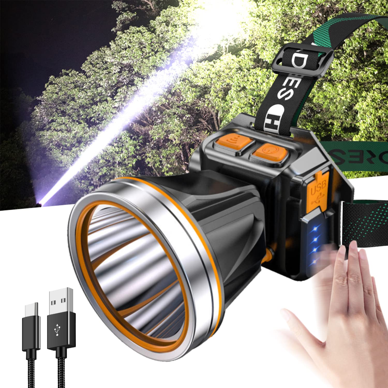 PINSAI LED Headlamp T120 - Super Bright, Waterproof, Rechargeable, Black, G300 10W for Fishing, Camping, Hiking