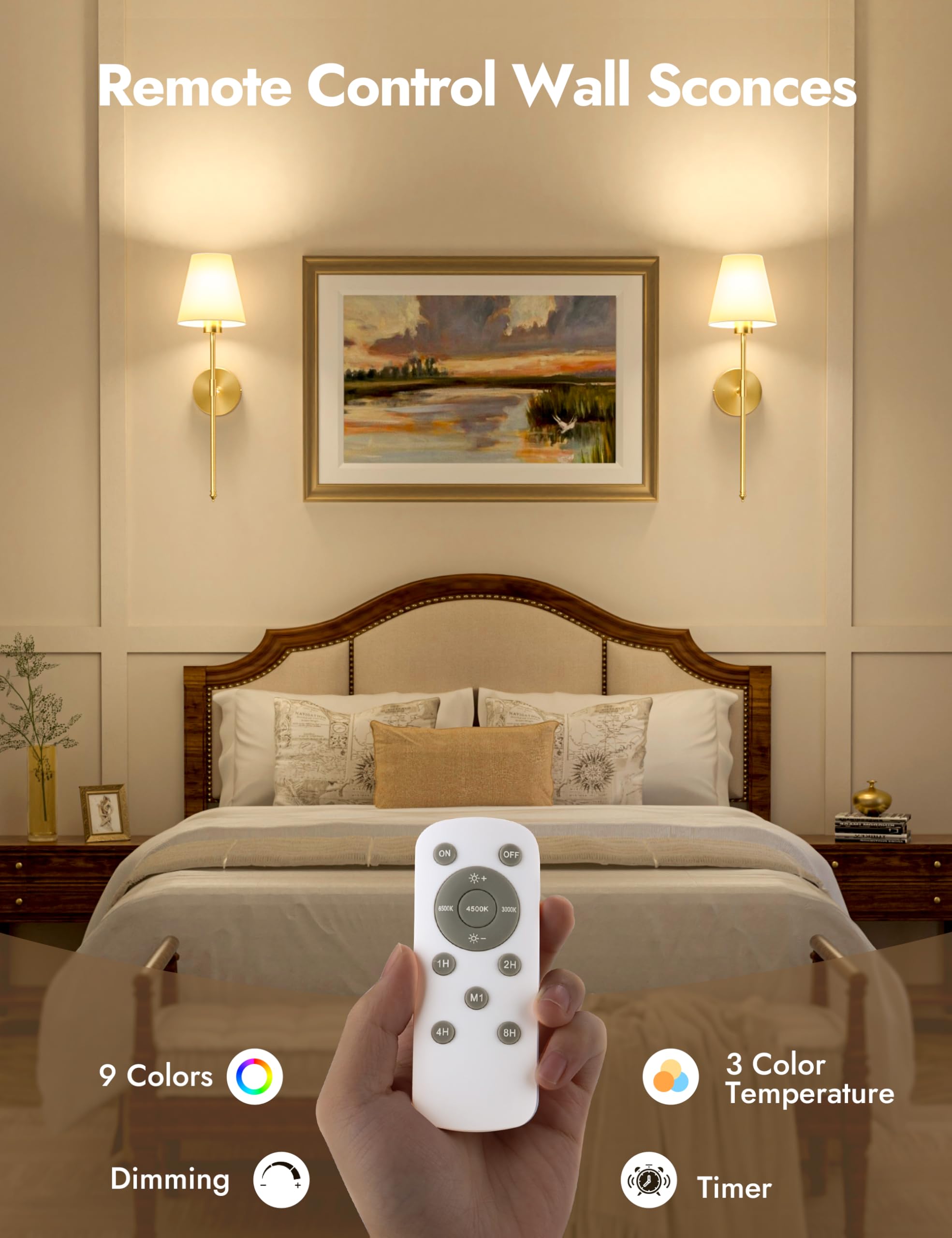 VOLISUN Battery Operated Wall Sconces Set of Two, Wireless, Remote, Dimmable, 23.6 inch, Gold, Model SW040