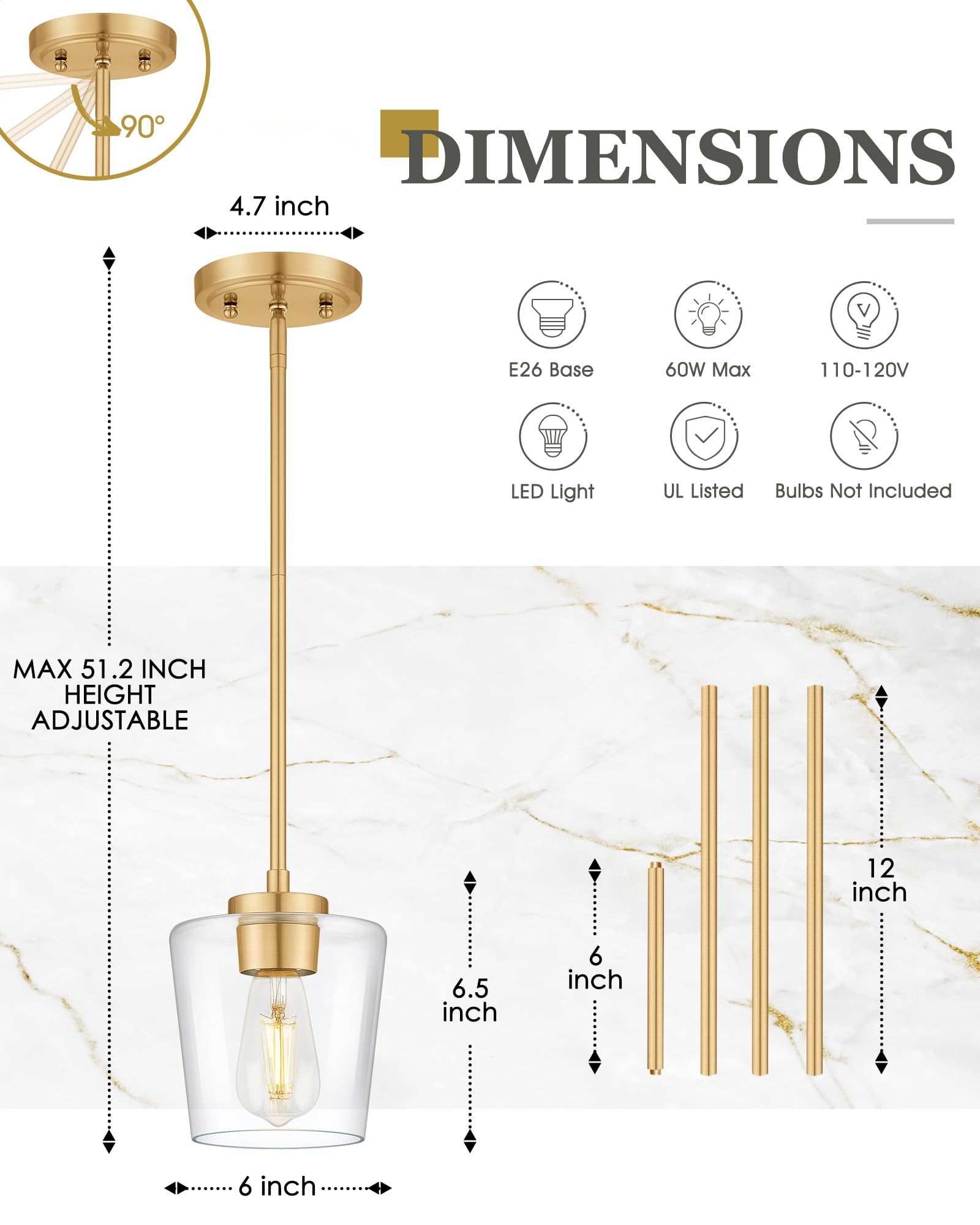 Audickic Gold Pendant Lights Kitchen Island, 6'' Hanging Lights Fixtures With Clear Glass Shade, Modern Brass Kitchen Pendant Li