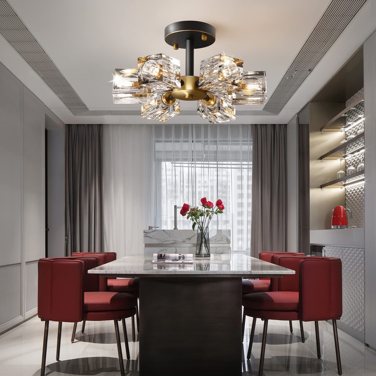 Okes 13&quot; Black And Gold Crystal Semi Flush Mount Light - 6-Light Industrial Chandelier For Home