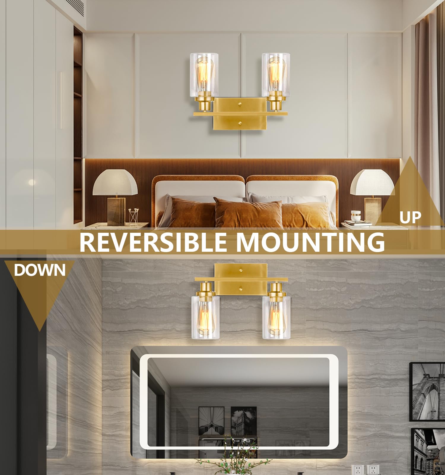 SANGFOR Gold Bathroom Vanity Light Fixture, 2-Light Brushed Gold, Clear Glass Shade, E26 Base, Modern Design