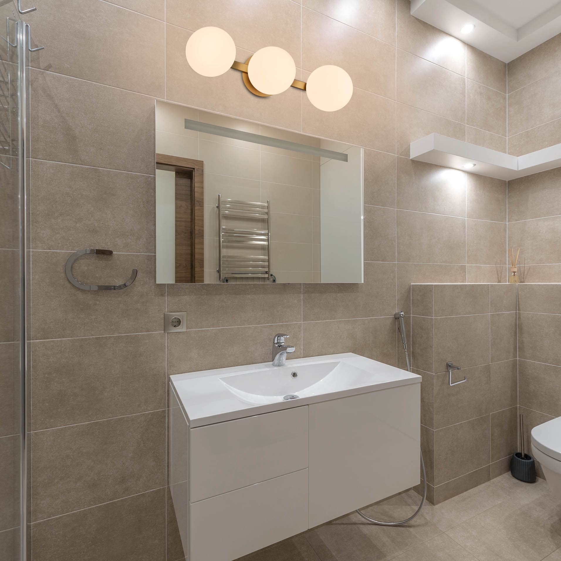 Bathroom Vanity Light Fixtures, Modern 3 Lights Globe Wall Sconce Lighting Aged Brass, Porch Wall Mount Light Fixture For Bathro