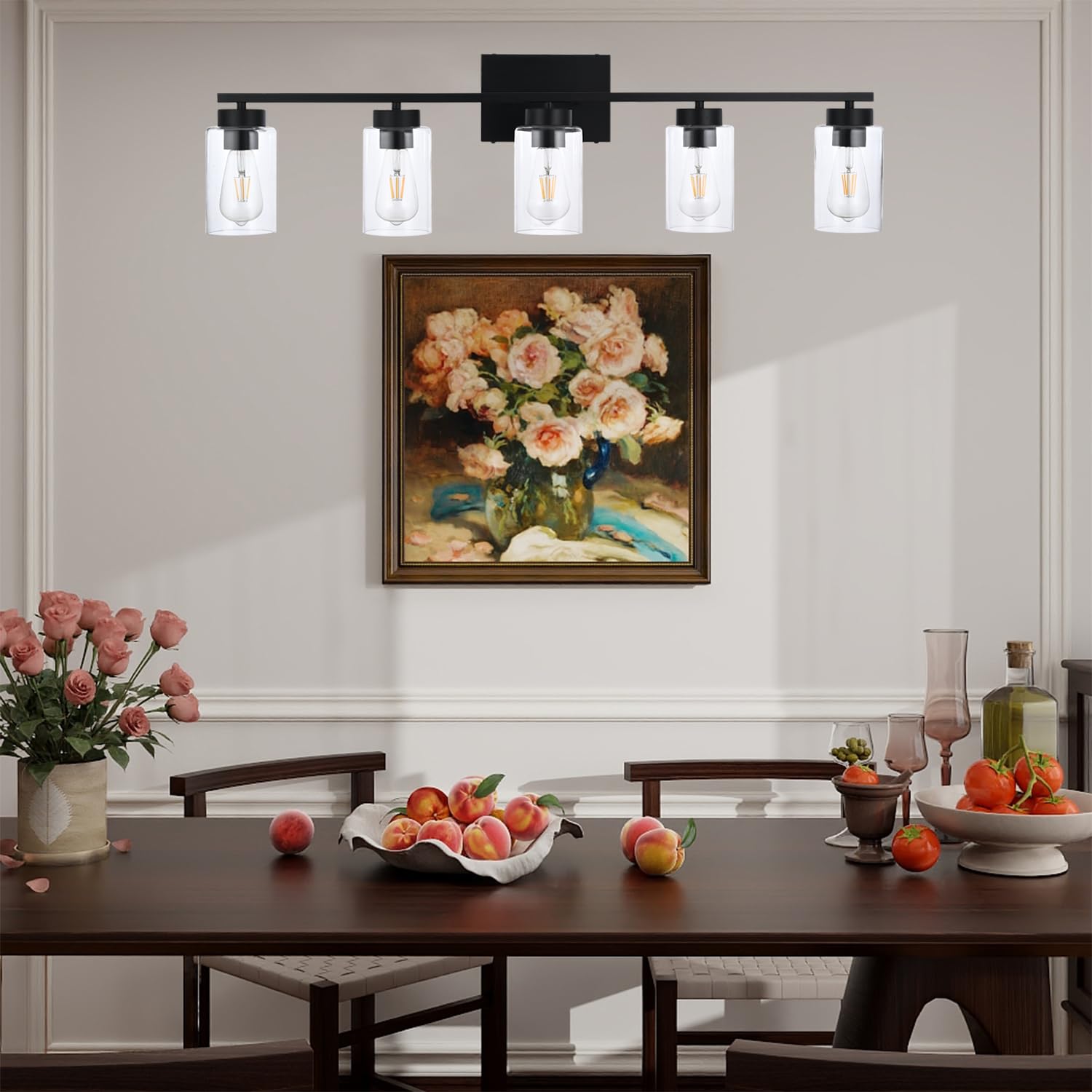 A1A9 5 Light Bathroom Vanity Light Fixtures, Matte Black Modern Wall Lights With Clear Glass Shade, Vintage Wall Sconce Lighting