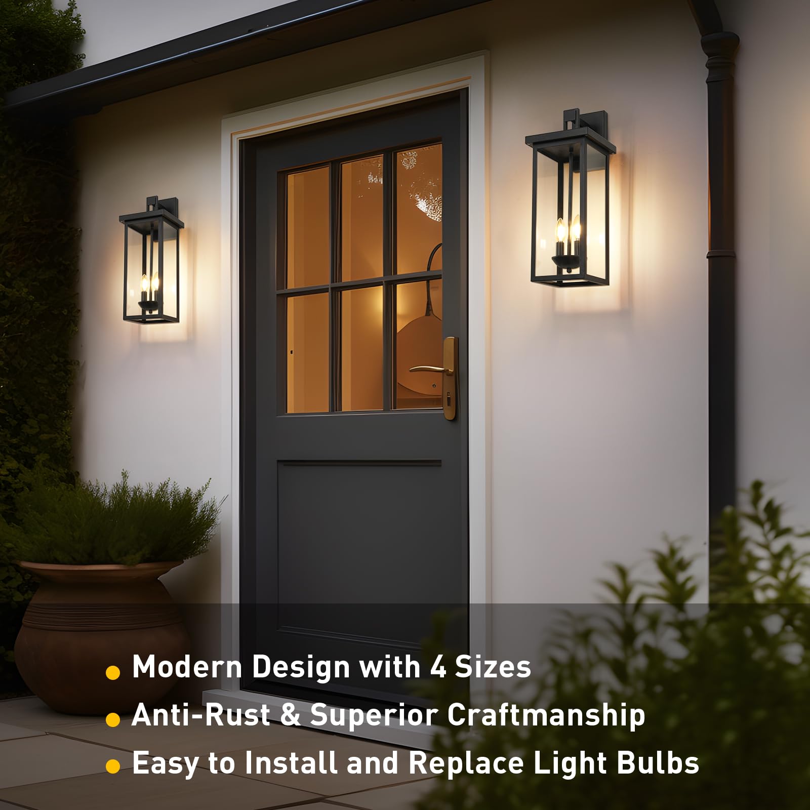 tewei 22 Inch Outdoor Wall Lights, Dusk to Dawn Black Lantern Sconce, 2 Pack with Clear Glass Shade for Garage and Porch